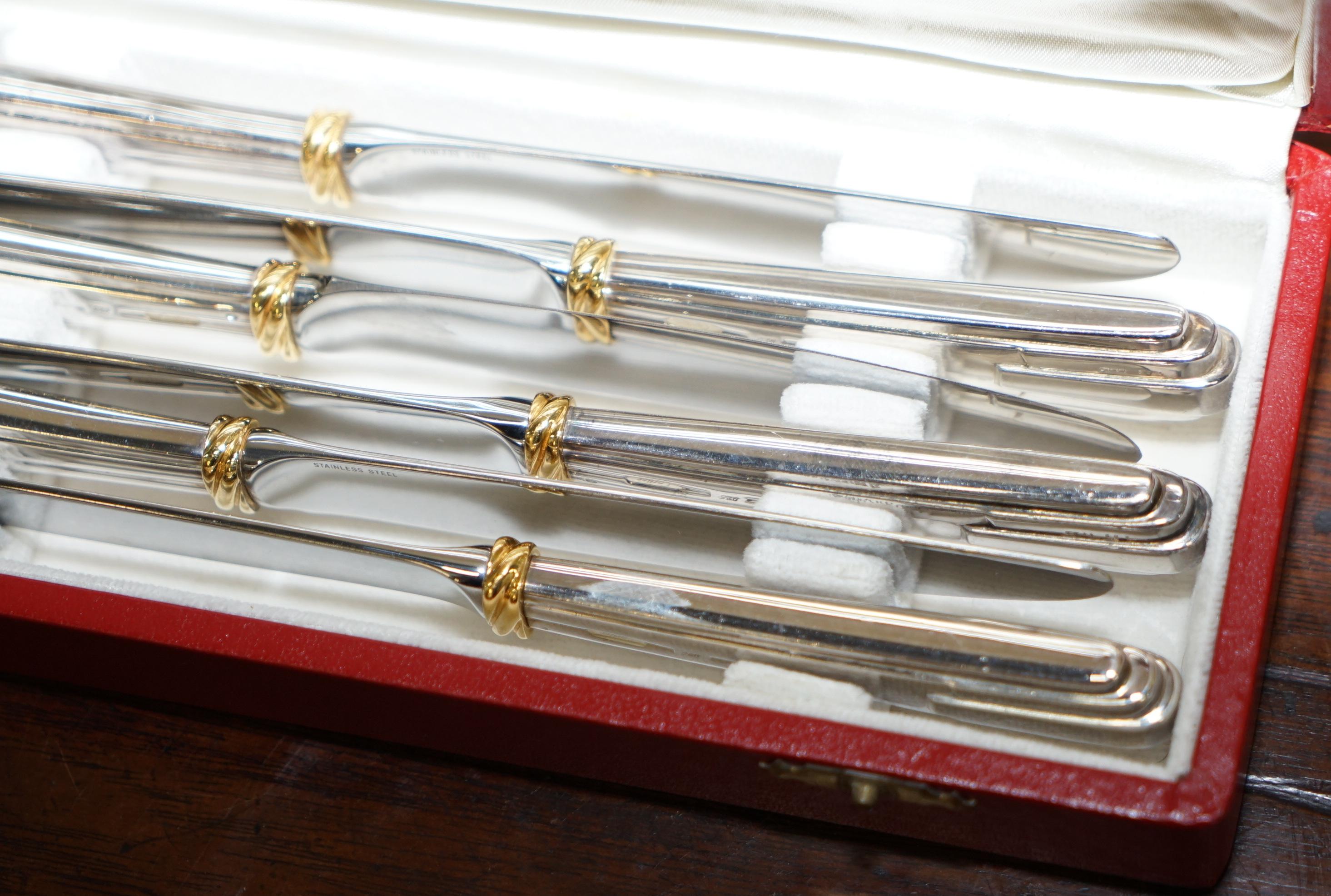 French Set of Six Cartier Solid Sterling Silver & Gold Cutlery Dining Knives 6