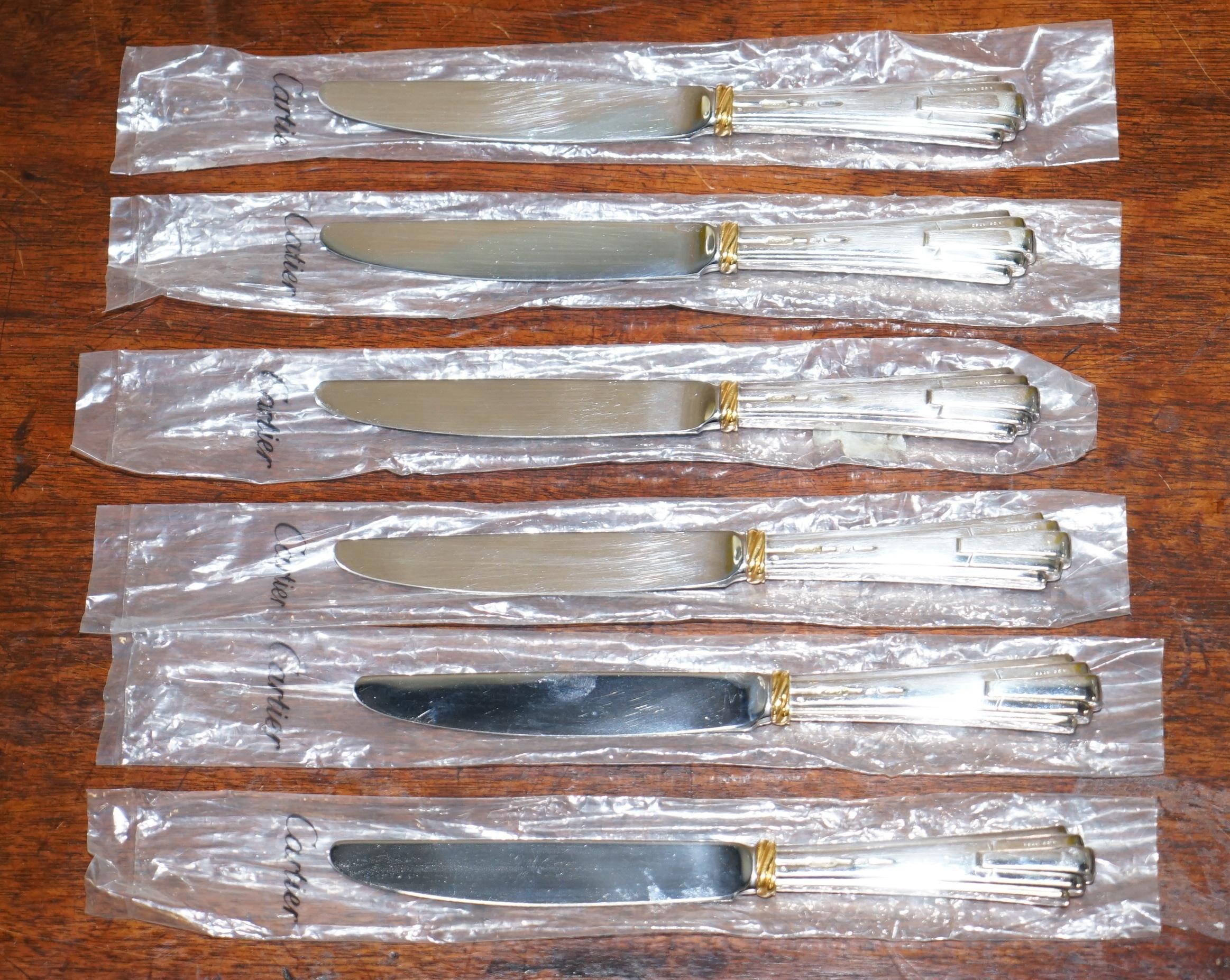 Hand-Crafted Set of Six Cartier Solid Sterling Silver & Gold Cutlery Dining Knives 6