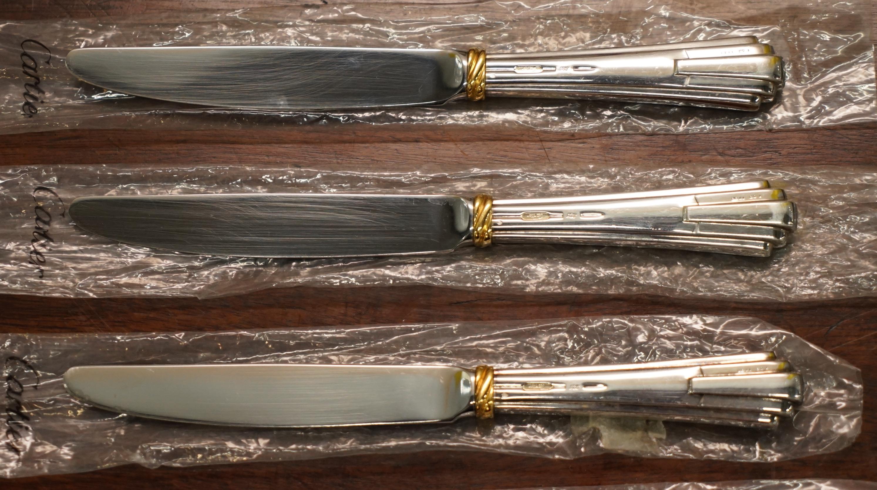 Contemporary Set of Six Cartier Solid Sterling Silver & Gold Cutlery Dining Knives 6