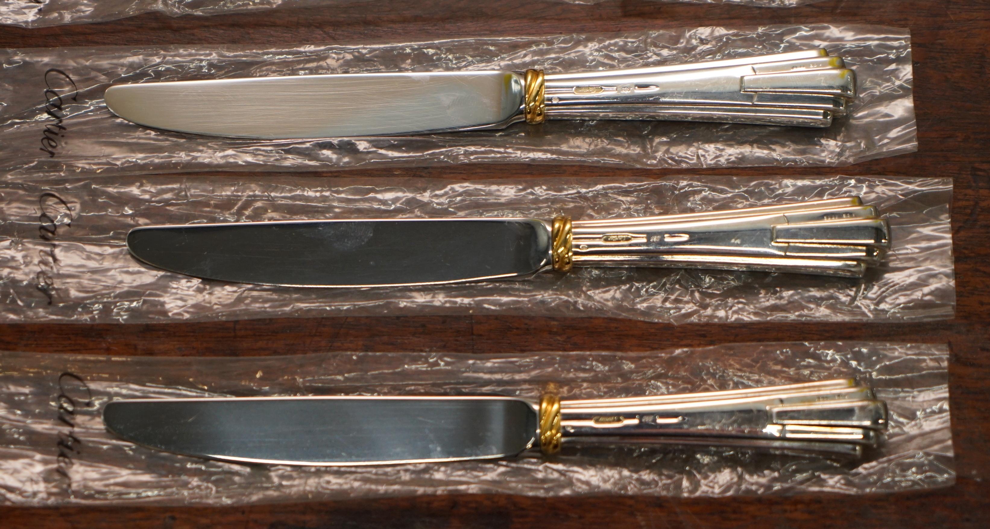 Set of Six Cartier Solid Sterling Silver & Gold Cutlery Dining Knives 6 1