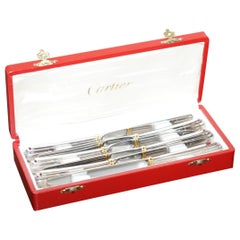 Set of Six Cartier Solid Sterling Silver & Gold Cutlery Dining Knives 6