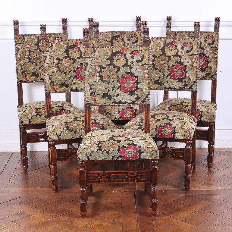 A set of six, carved oak, Flemish dining chairs, with tapestry needlepoint upholstery. Sturdy and suitable for everyday use.



 