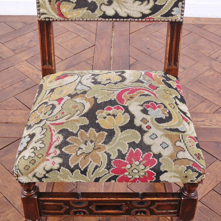 Upholstery Set of Six Carved Oak Flemish Dining Chairs