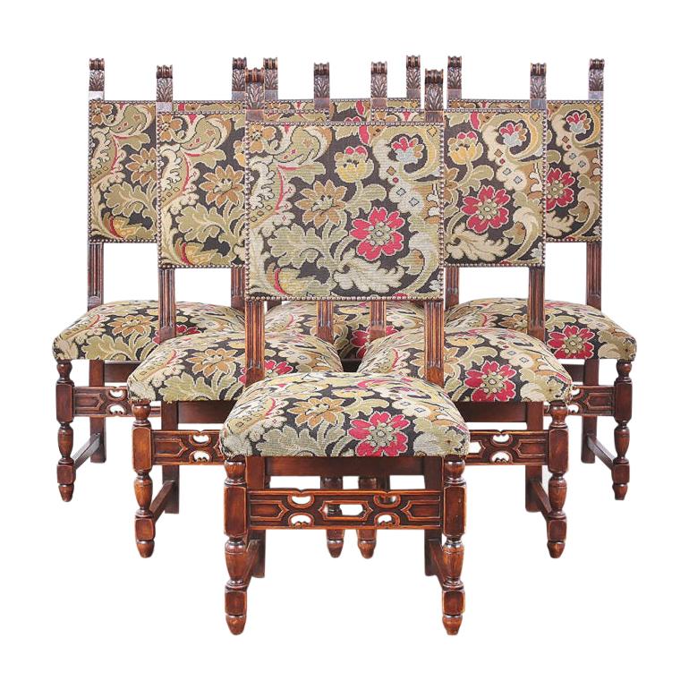 Set of Six Carved Oak Flemish Dining Chairs