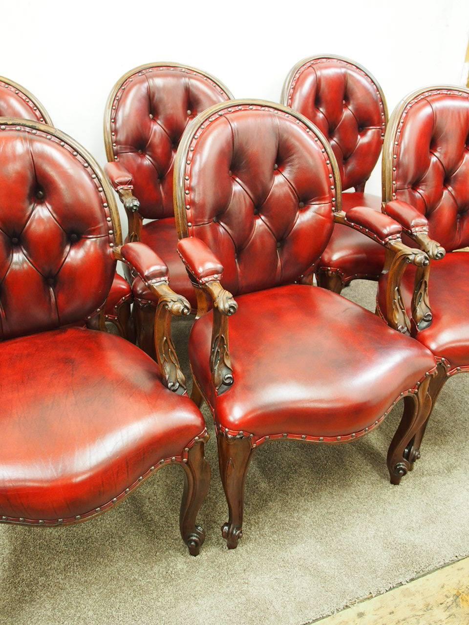 Set of Six Carved Rosewood and Burgundy Leather Armchairs, circa 1860 In Good Condition For Sale In Edinburgh, GB