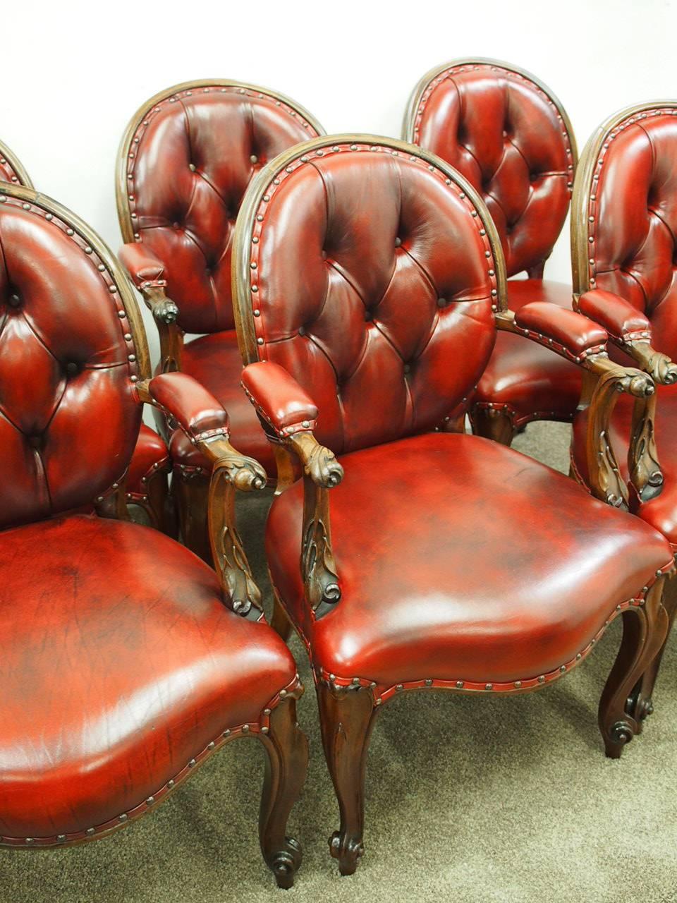 Mid-19th Century Set of Six Carved Rosewood and Burgundy Leather Armchairs, circa 1860 For Sale