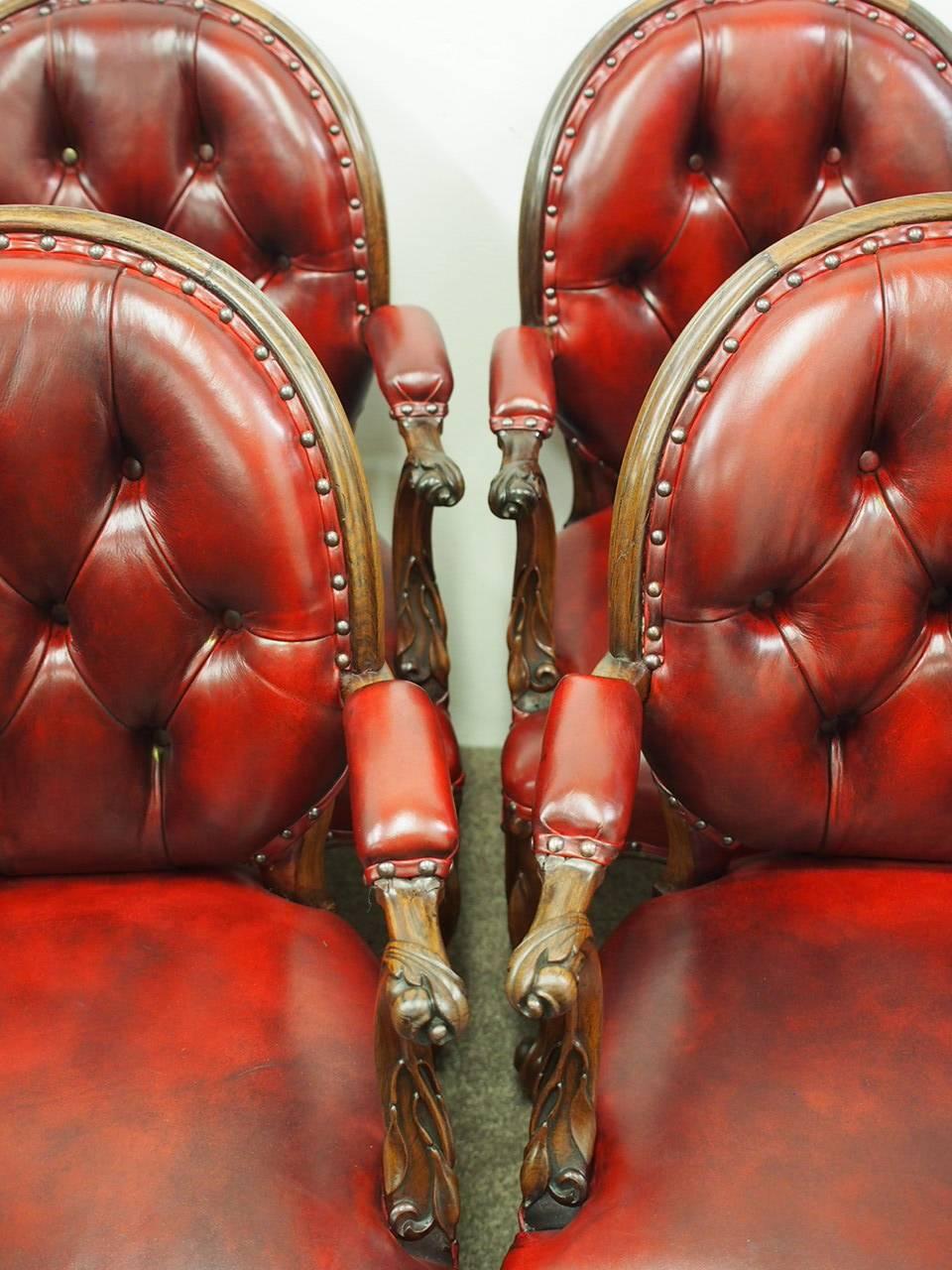 Set of Six Carved Rosewood and Burgundy Leather Armchairs, circa 1860 For Sale 1