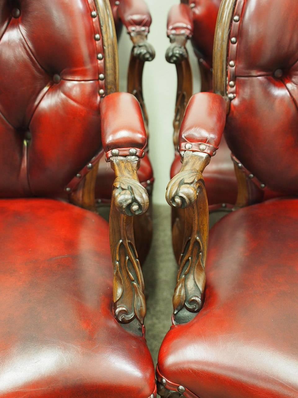 Set of Six Carved Rosewood and Burgundy Leather Armchairs, circa 1860 For Sale 2