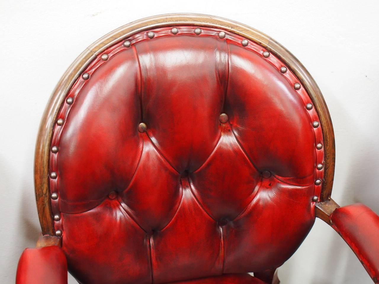Set of Six Carved Rosewood and Burgundy Leather Armchairs, circa 1860 For Sale 5