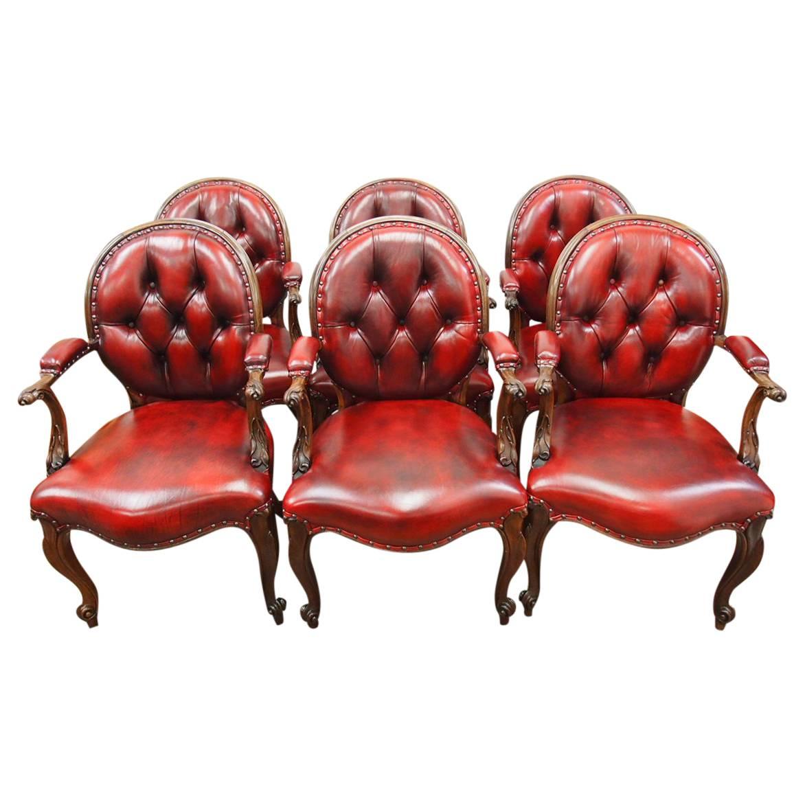 Set of Six Carved Rosewood and Burgundy Leather Armchairs, circa 1860 For Sale