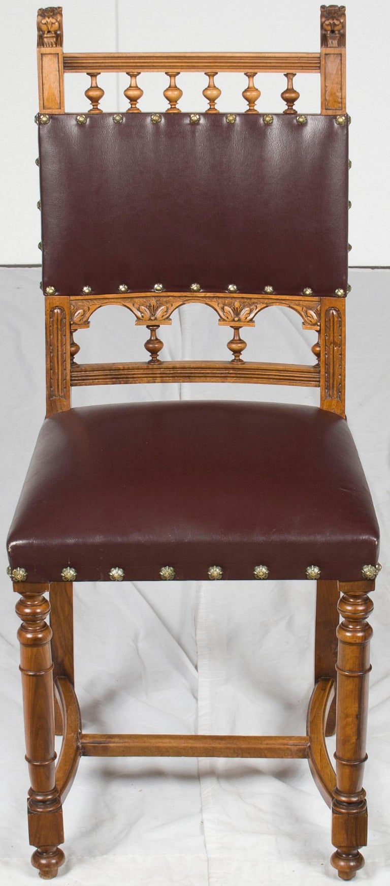 Set of Six Carved Walnut French Art Nouveau Leather Dining ...