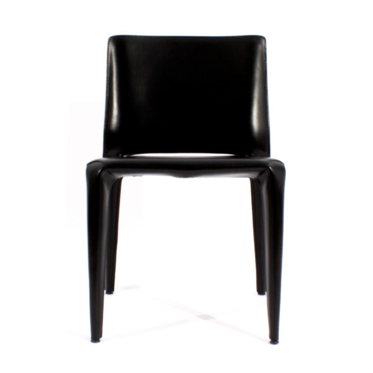Set of six (6) model 422 bull chairs in black leather by Mario bellini for Cassina. Signed, 
 Italy, circa 1980.

Seat height: 18 inches.