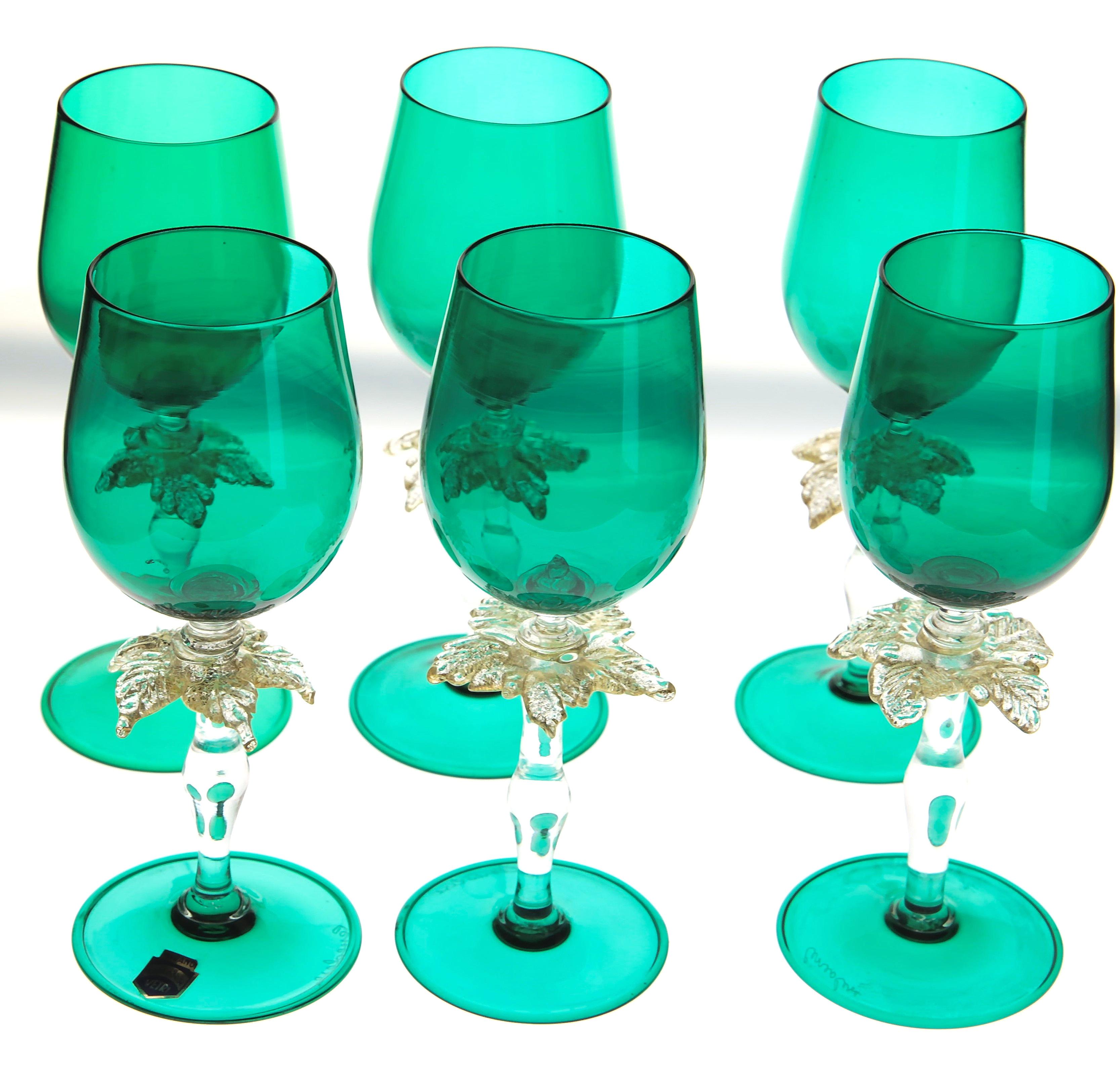 Set of Six Cenedese Green Stemmed Glass with Gold Palm Design, Murano, Signed 4