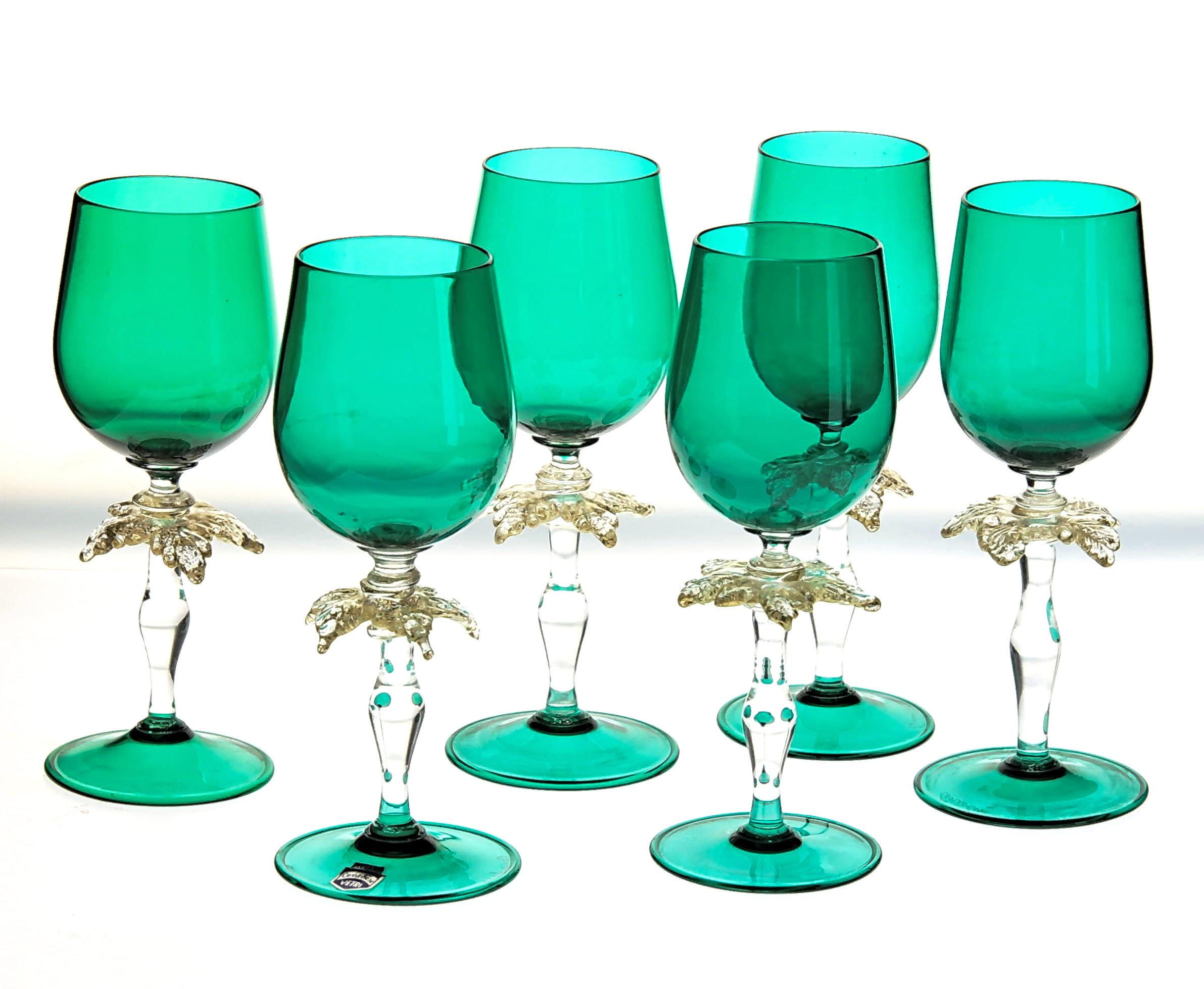 Set of Six Cenedese Green Stemmed Glass with Gold Palm Design, Murano, Signed 6