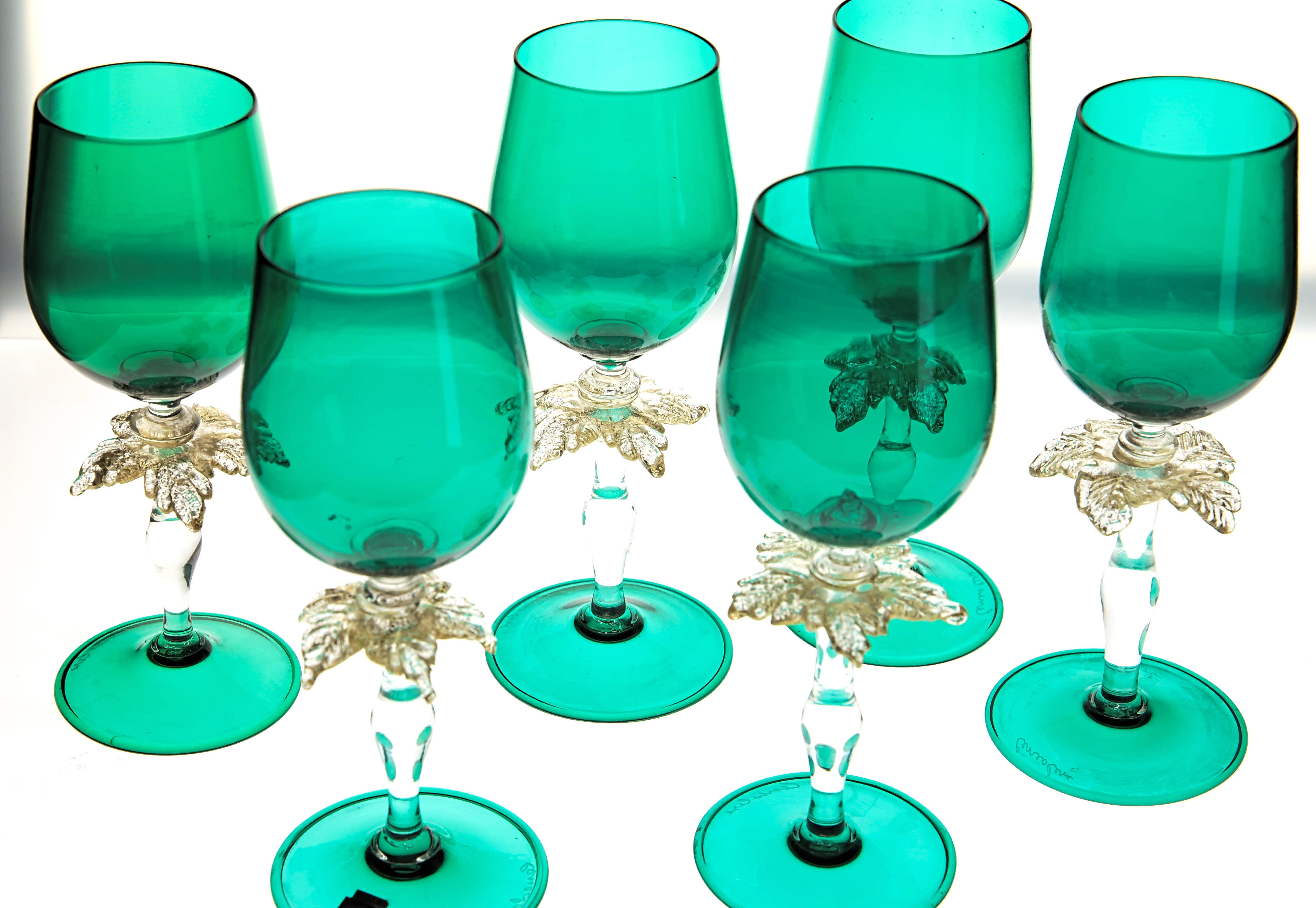 Set of Six Cenedese Green Stemmed Glass with Gold Palm Design, Murano, Signed 7