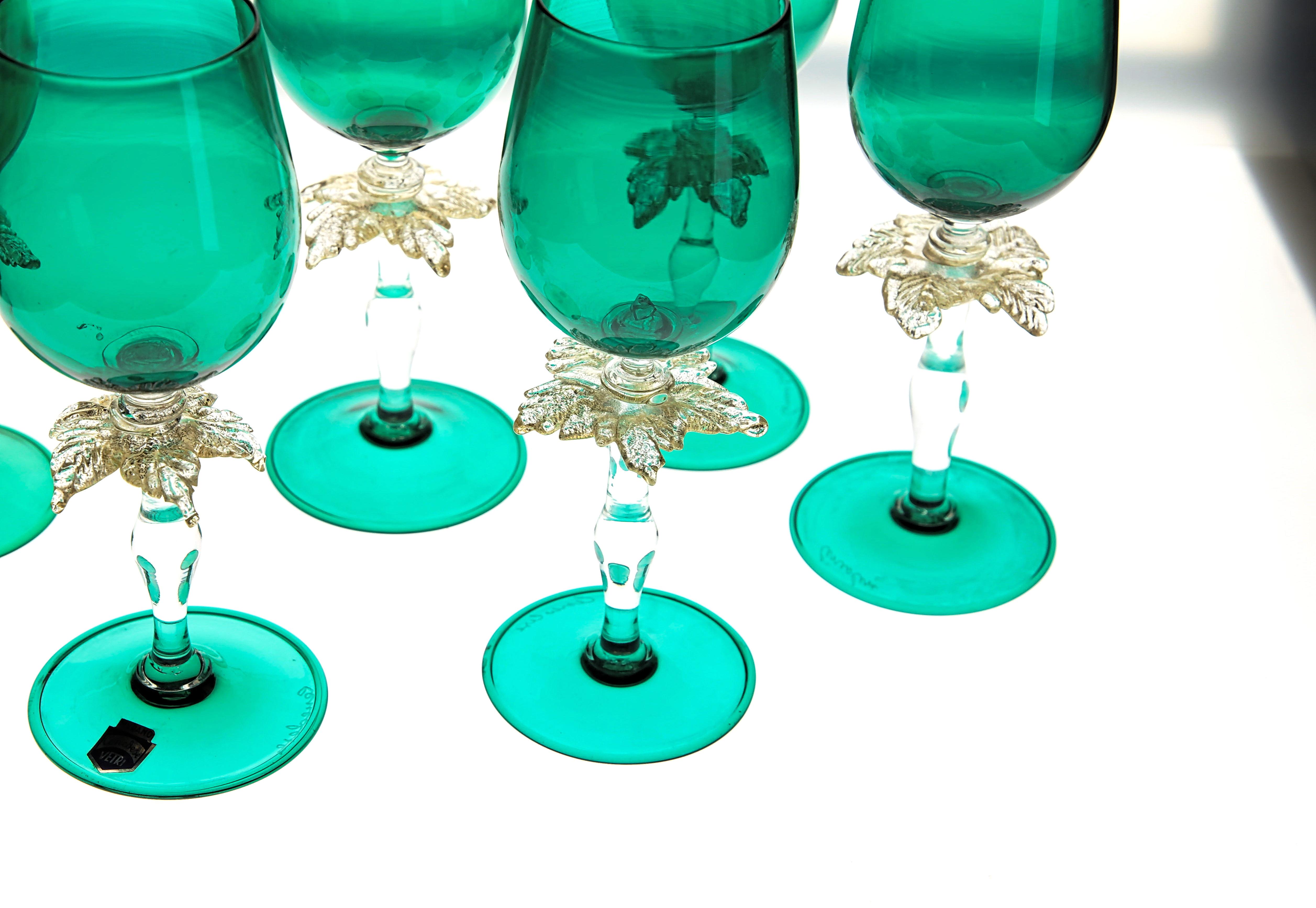 Set of Six Cenedese Green Stemmed Glass with Gold Palm Design, Murano, Signed 8