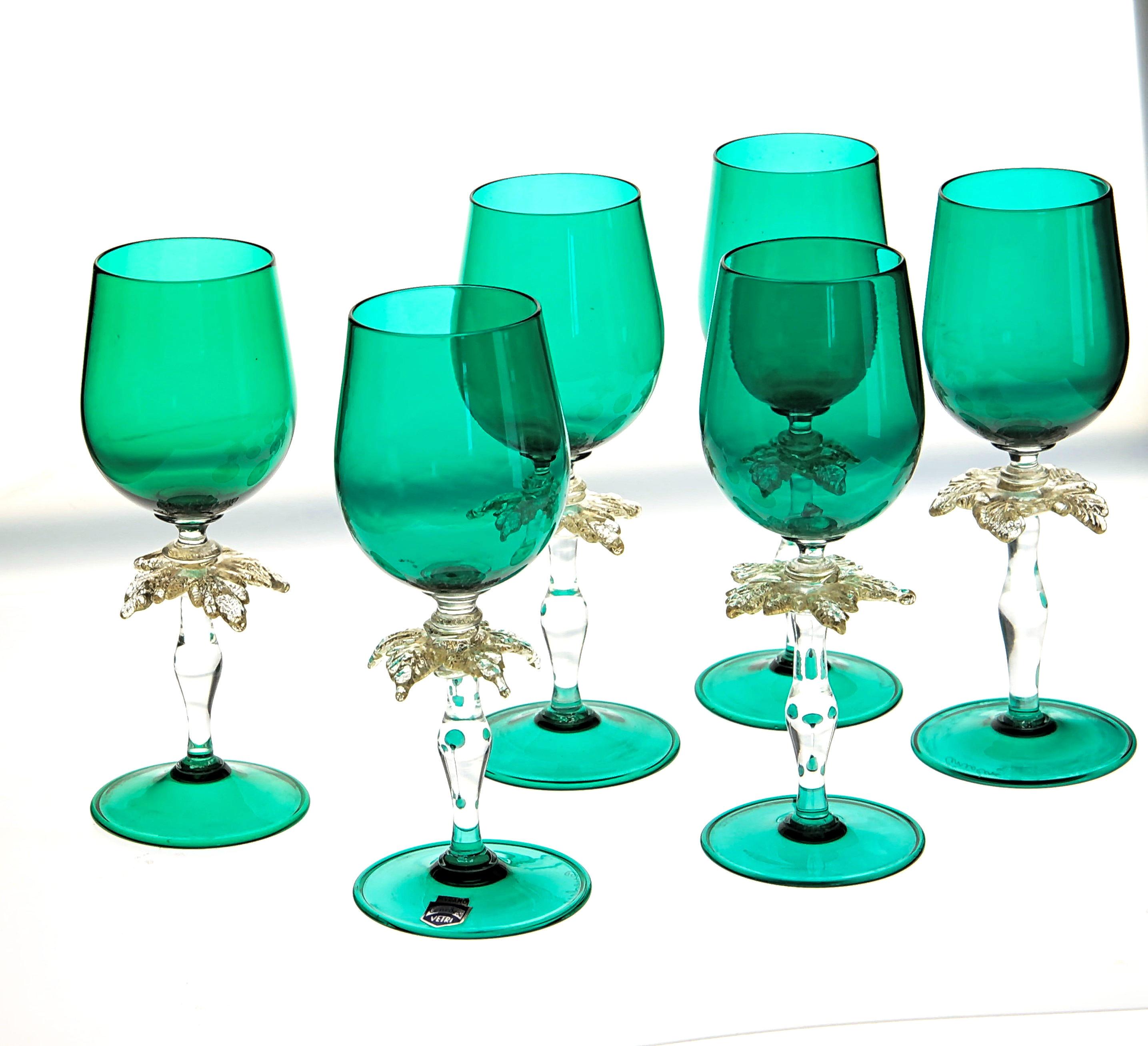 Set of Six Cenedese Green Stemmed Glass with Gold Palm Design, Murano, Signed 9