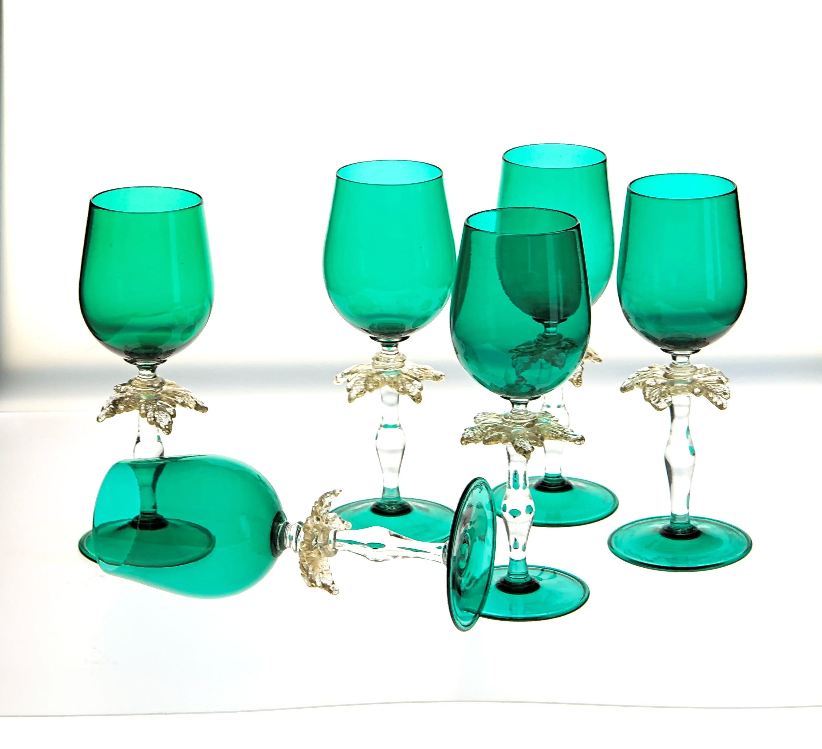 Set of Six Cenedese Green Stemmed Glass with Gold Palm Design, Murano, Signed 10