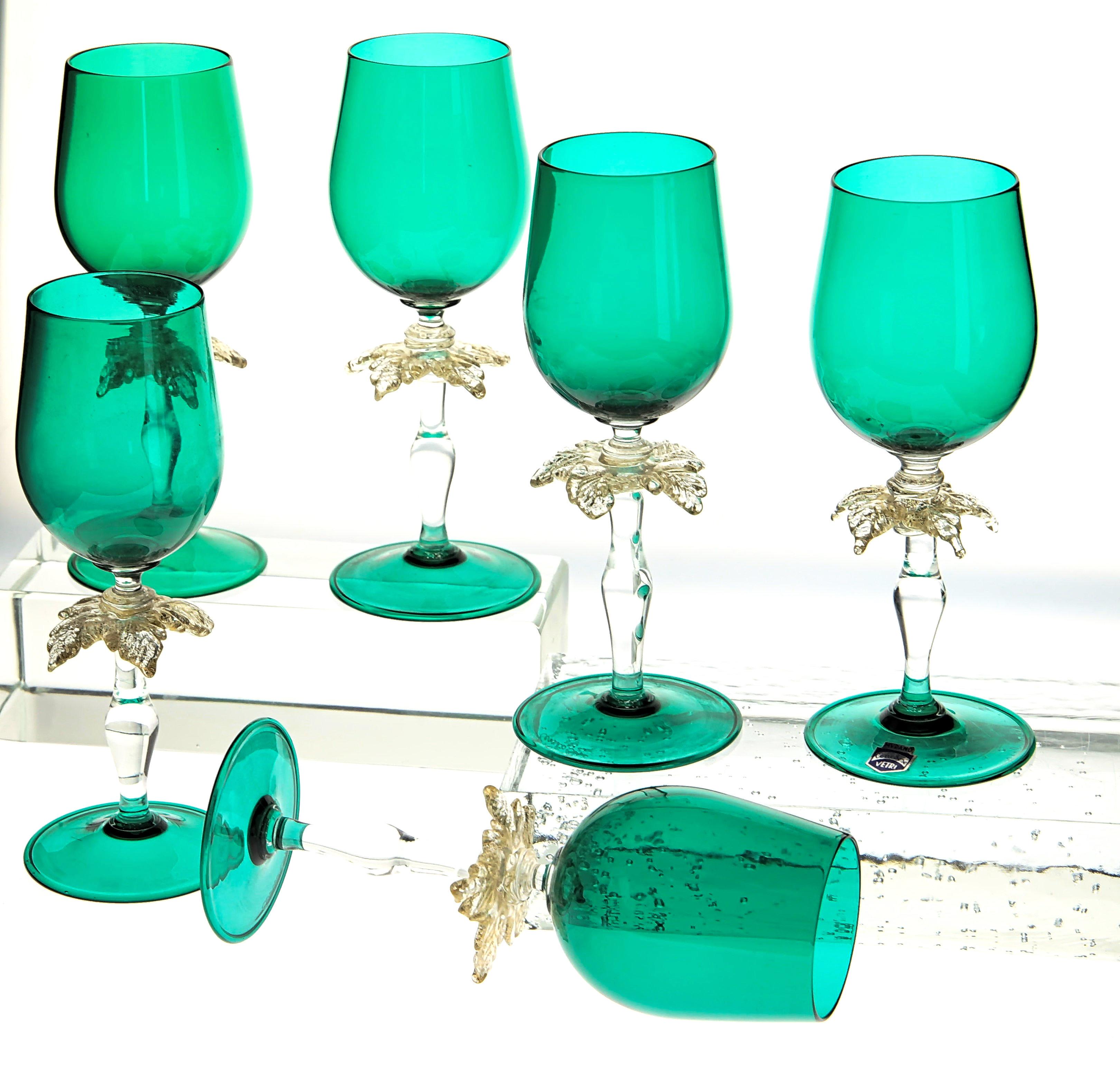 Set of Six Cenedese Green Stemmed Glass with Gold Palm Design, Murano, Signed 11