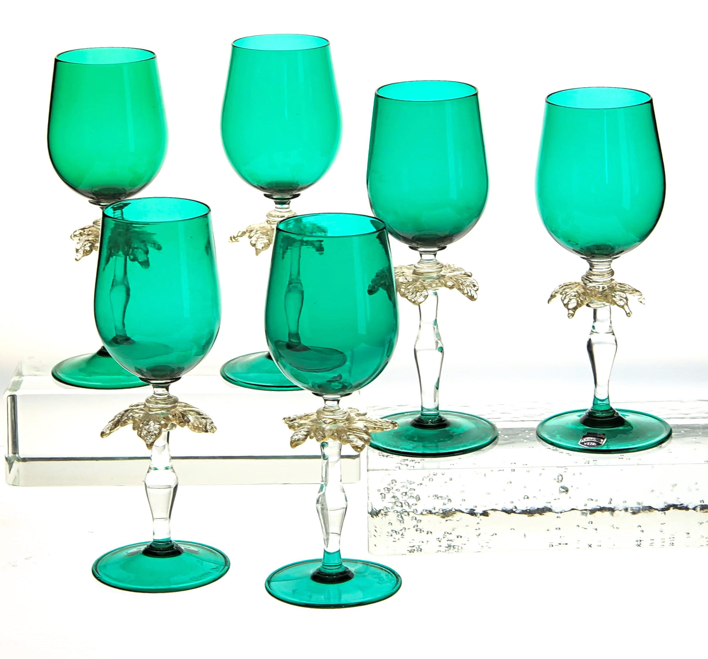Set of Six Cenedese Green Stemmed Glass with Gold Palm Design, Murano, Signed 12