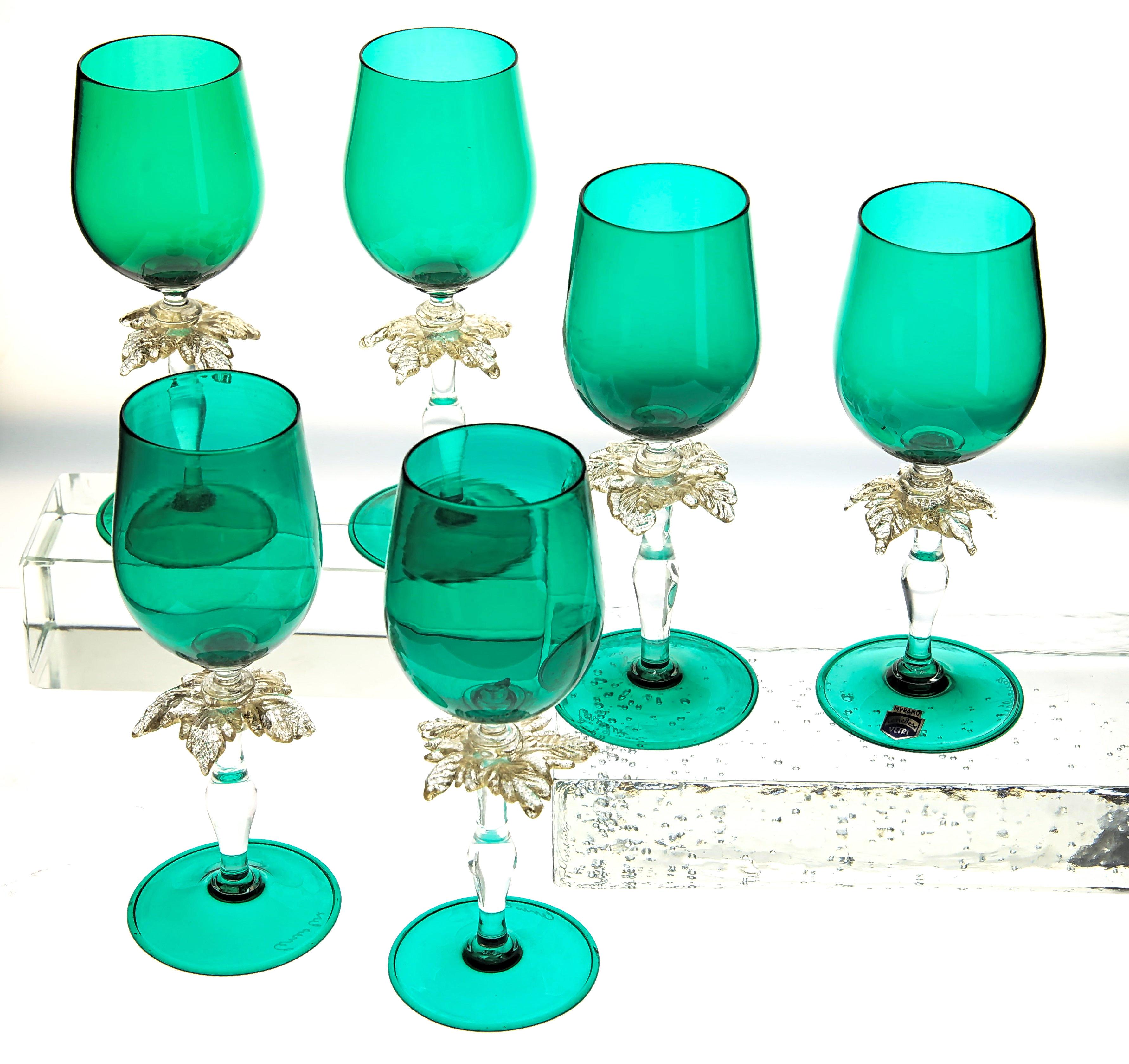 Set of Six Cenedese Green Stemmed Glass with Gold Palm Design, Murano, Signed 13