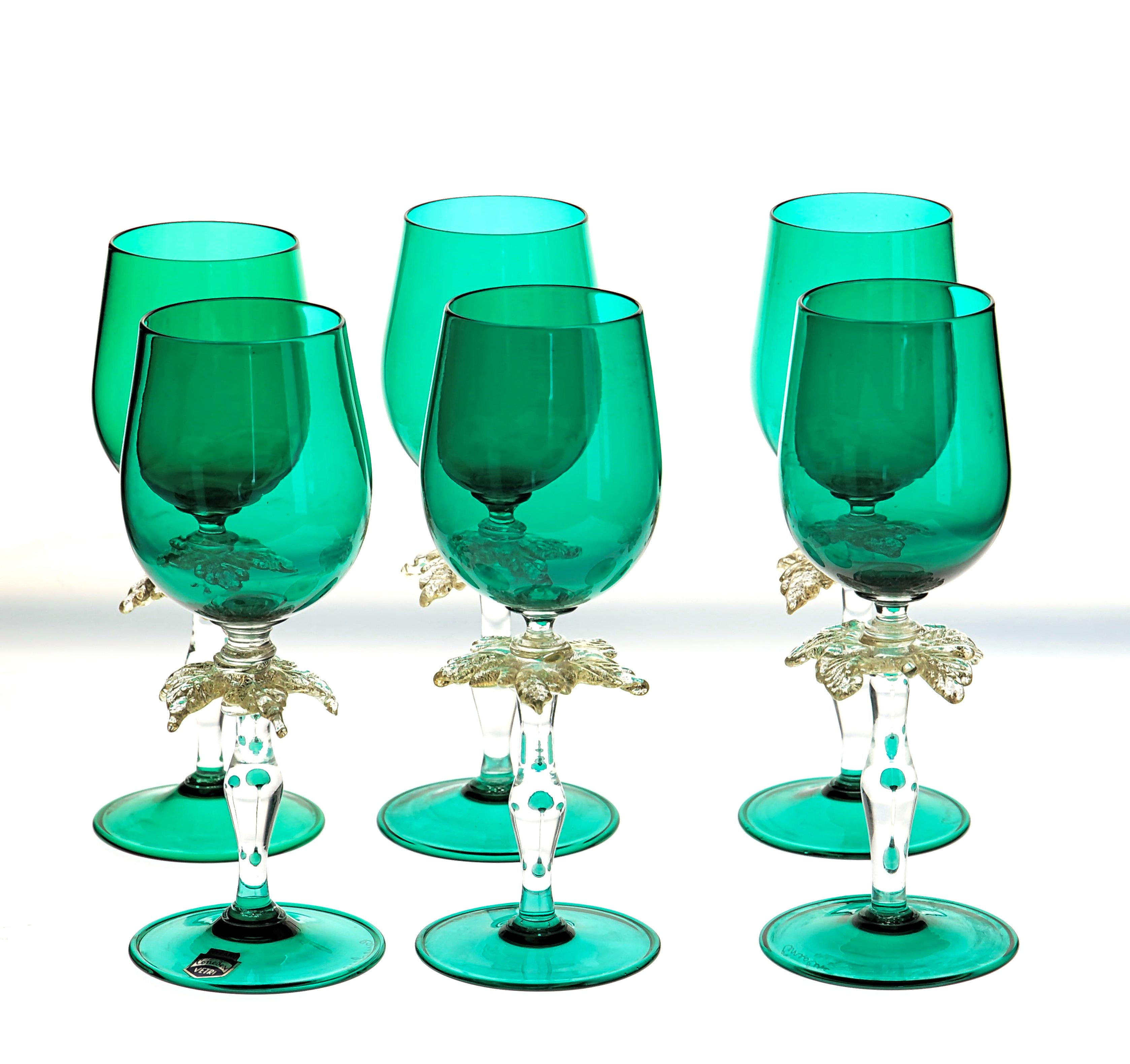 Modern Set of Six Cenedese Green Stemmed Glass with Gold Palm Design, Murano, Signed