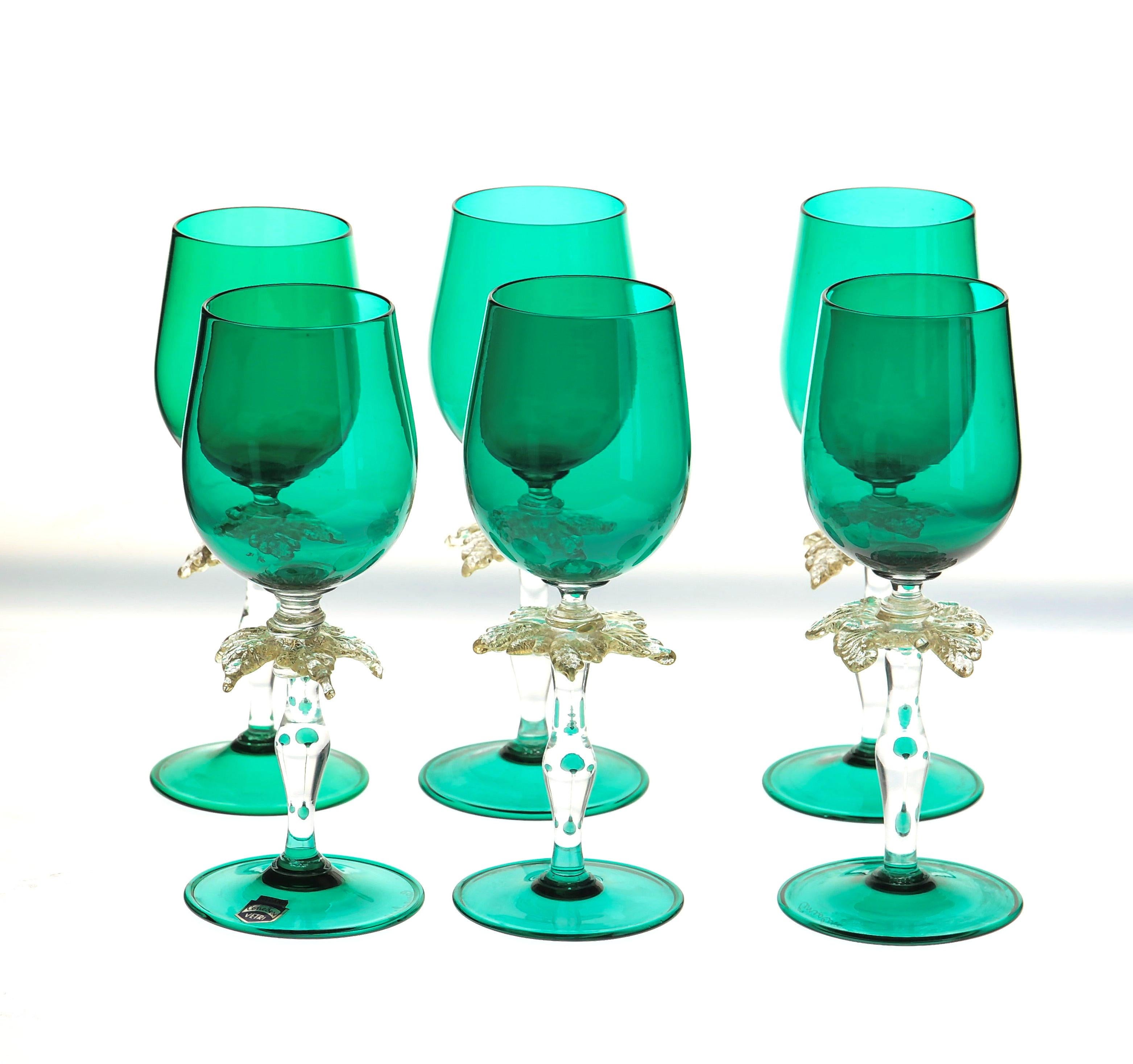 Set of Six Cenedese Green Stemmed Glass with Gold Palm Design, Murano, Signed 2