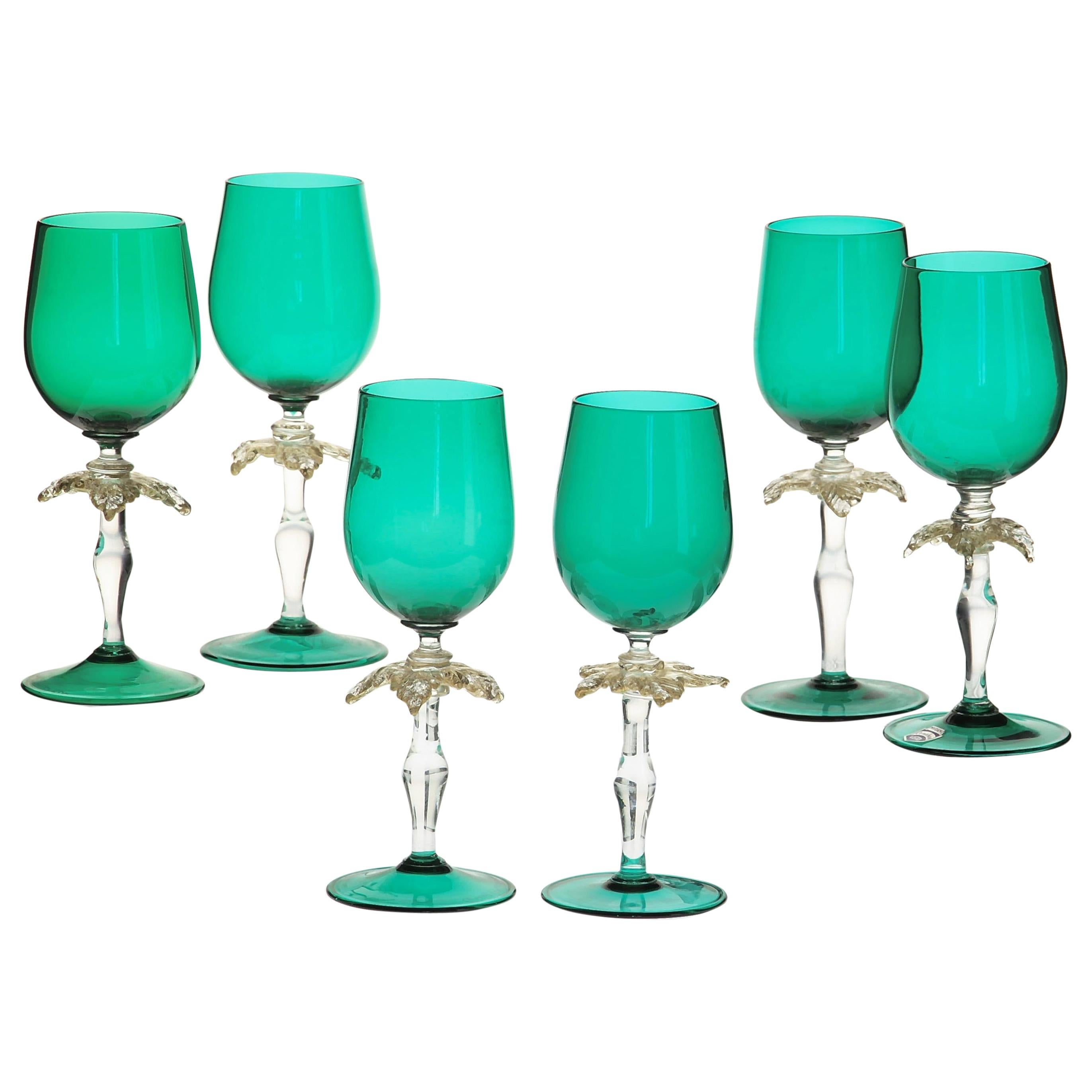 Set of Six Cenedese Green Stemmed Glass with Gold Palm Design, Murano, Signed