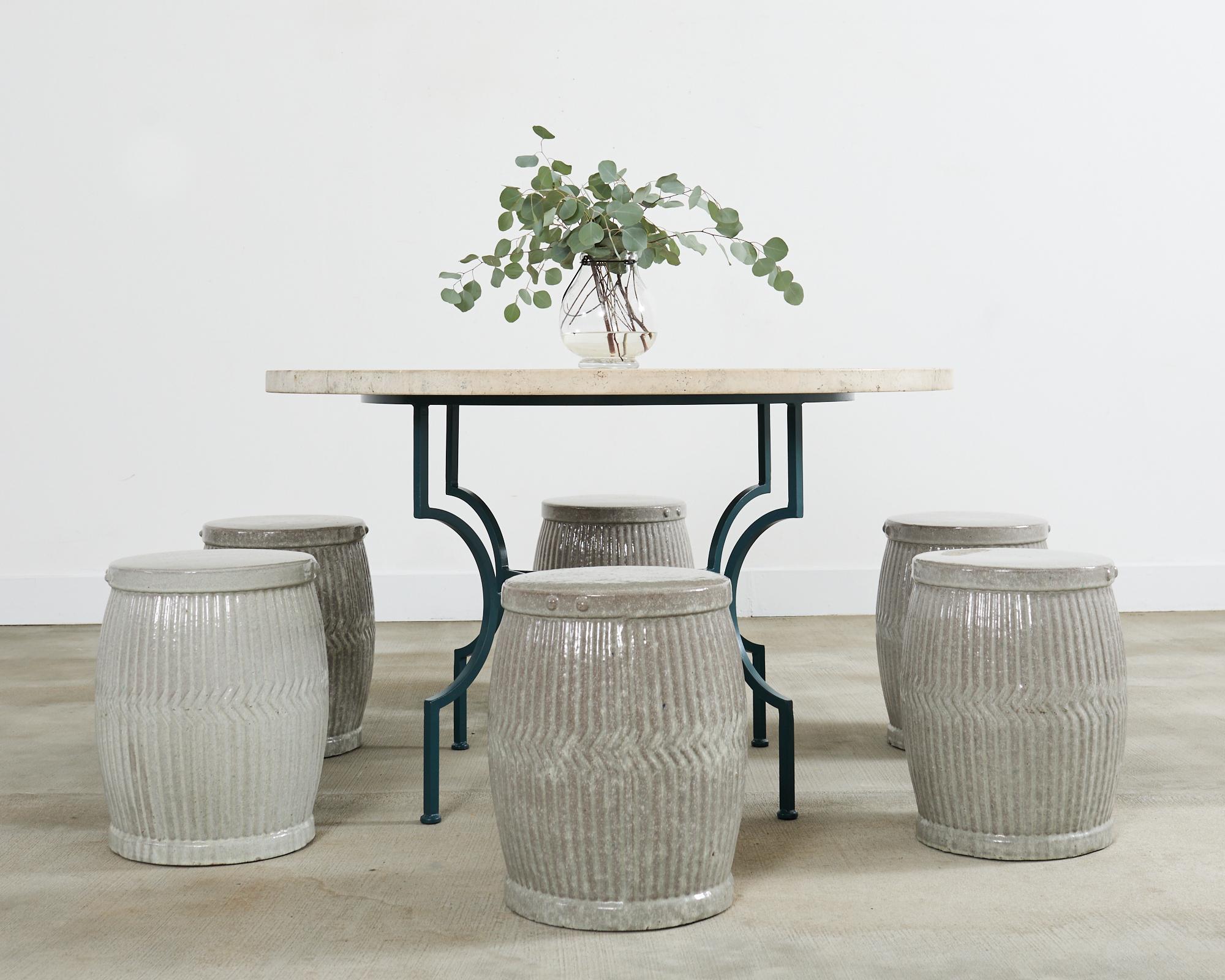 Distinctive set of six taboret drum form garden stools or drinks tables hand-crafted from thick terracotta ceramic earthenware with a glazed finish. The bespoke stools were commissioned by Samantha Todhunter design for an estate in San Francisco,