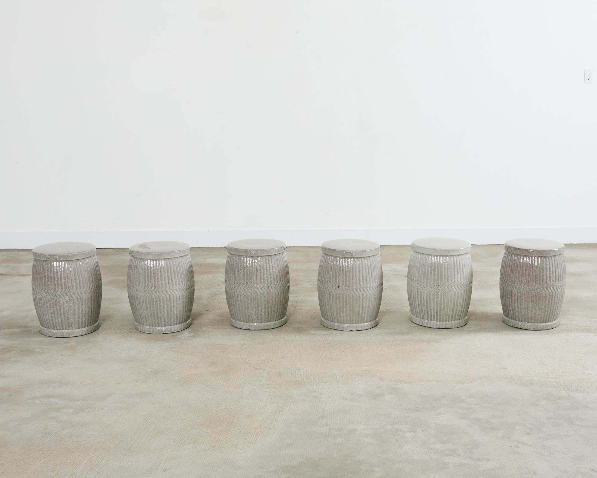 Modern Set of Six Ceramic Drum Garden Stools or Drink Table