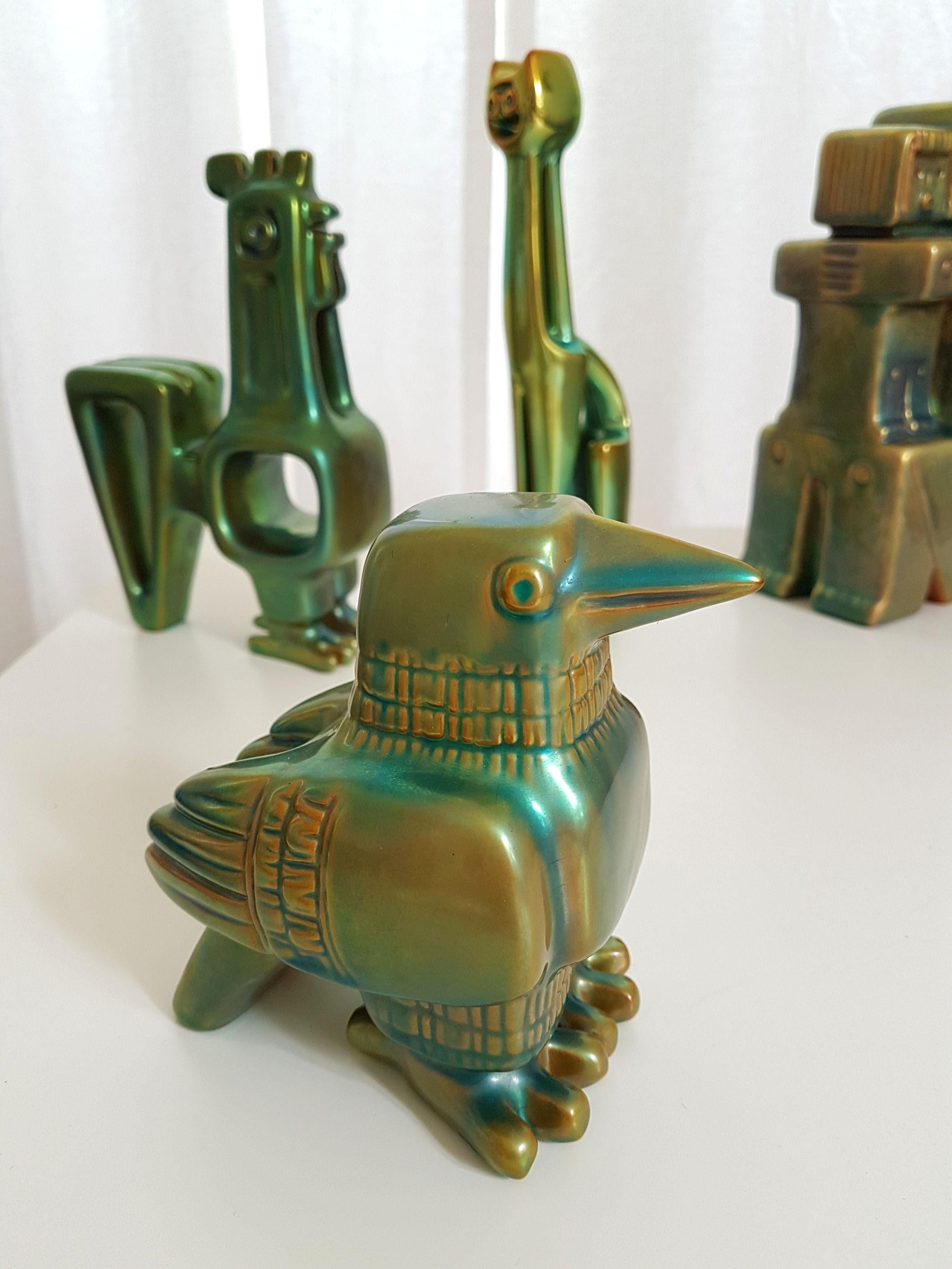 Satz von sechs Deckelfiguren aus grüner Eosin-Keramik des Jahrhunderts von Zsolnay:: mit Stempeln der 1960er Jahre (Ungarisch)