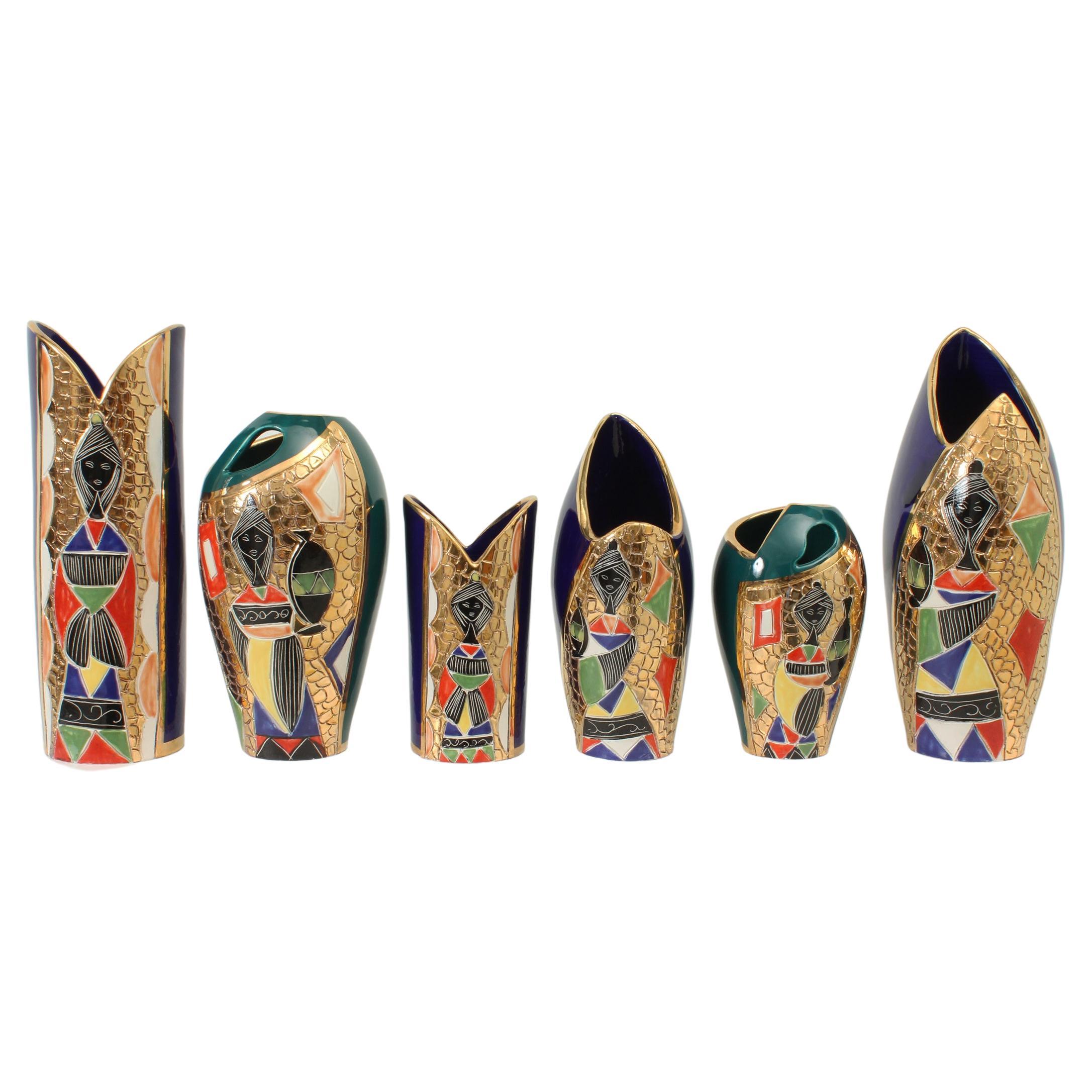 Set of Six Ceramic Vases by Fiamma, Italy, 1950's For Sale