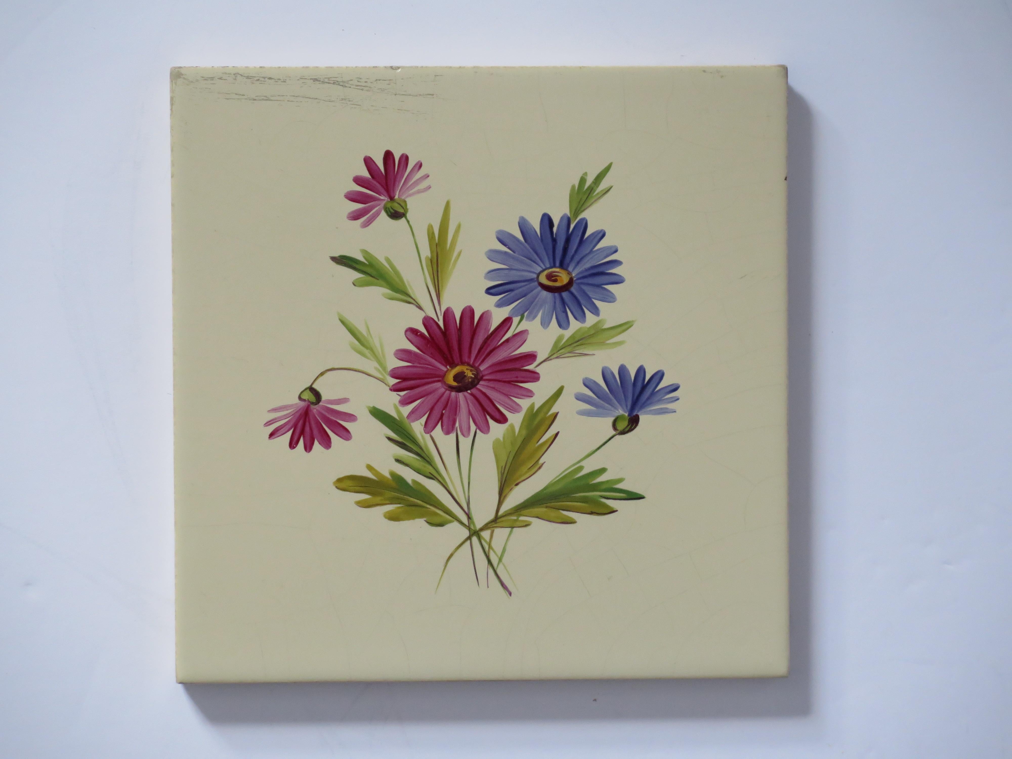 Set of SIX Ceramic Wall Tiles 6 inches Square hand painted flowers,  circa 1920 For Sale 3