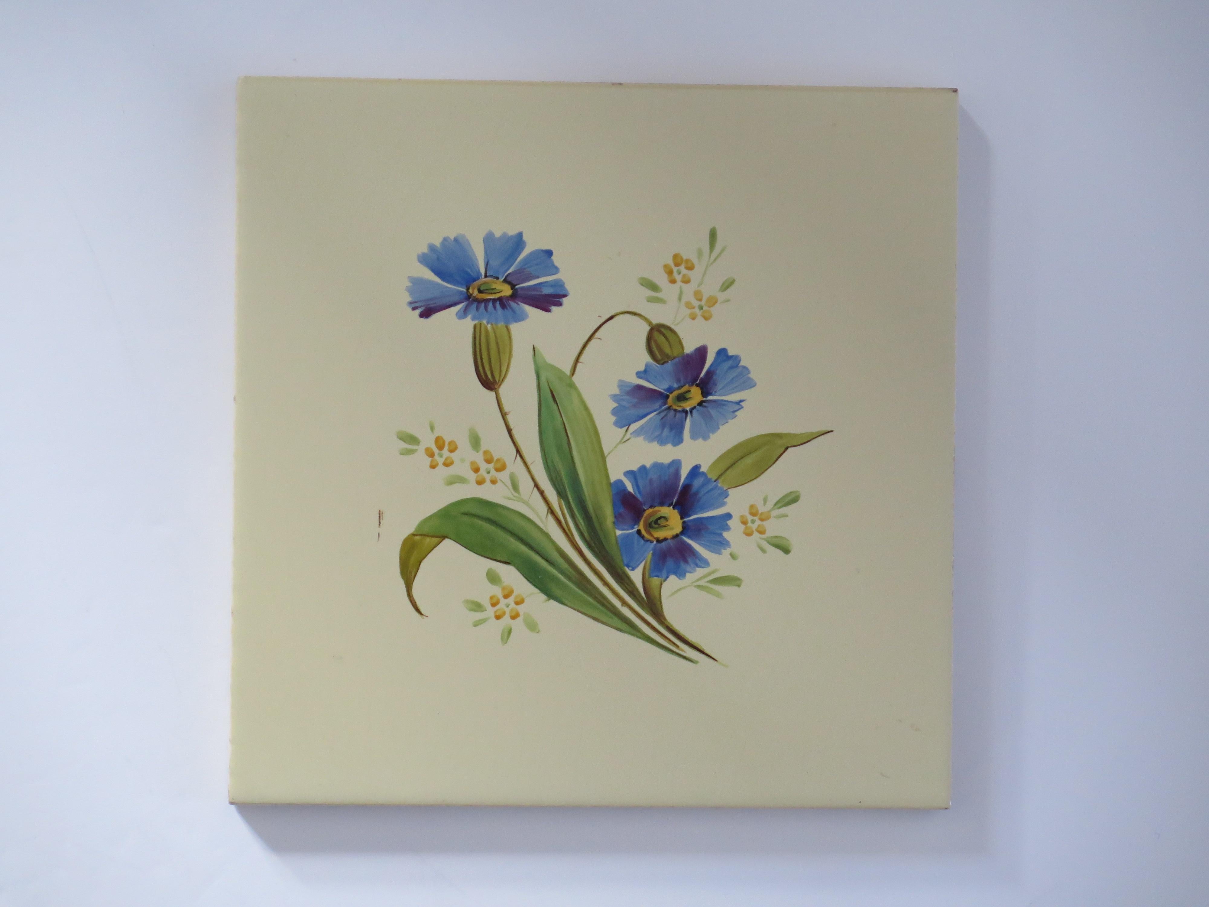 Set of SIX Ceramic Wall Tiles 6 inches Square hand painted flowers,  circa 1920 For Sale 4