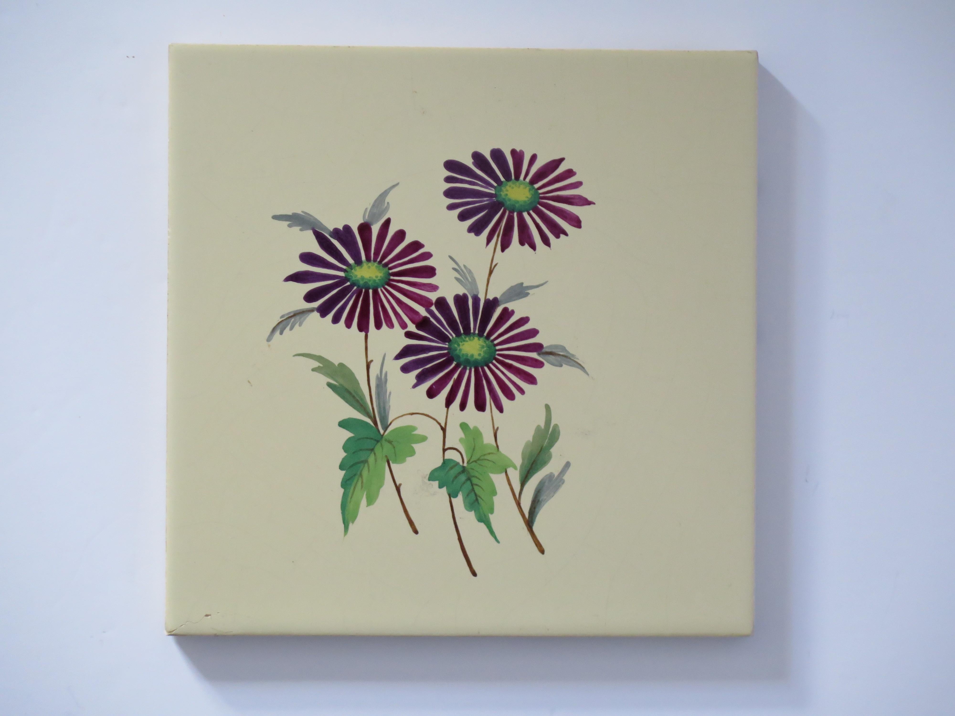 Set of SIX Ceramic Wall Tiles 6 inches Square hand painted flowers,  circa 1920 For Sale 5