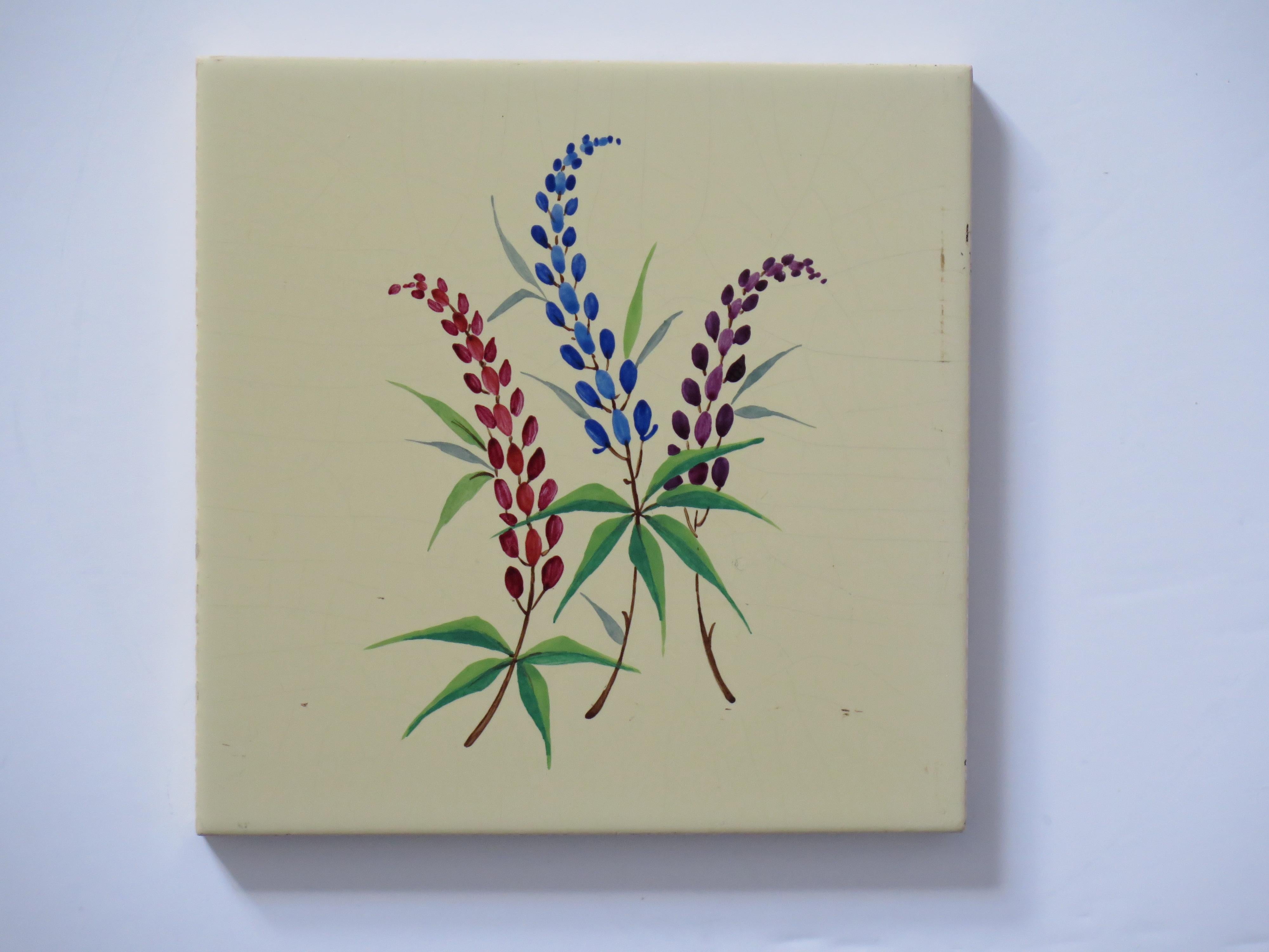 Set of SIX Ceramic Wall Tiles 6 inches Square hand painted flowers,  circa 1920 For Sale 6