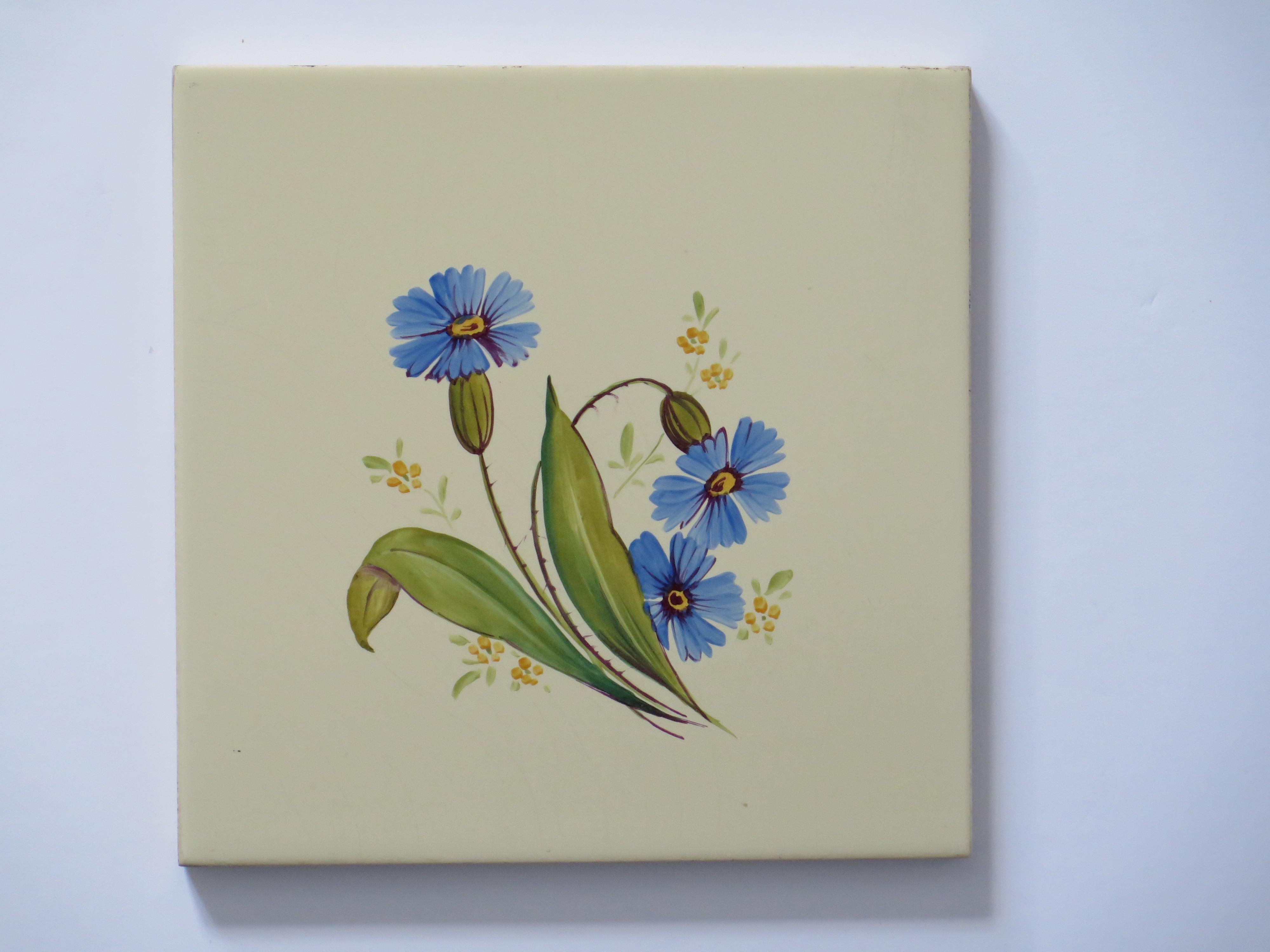 Set of SIX Ceramic Wall Tiles 6 inches Square hand painted flowers,  circa 1920 For Sale 7
