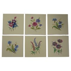 Set of SIX Ceramic Wall Tiles 6 inches Square hand painted flowers,  circa 1920