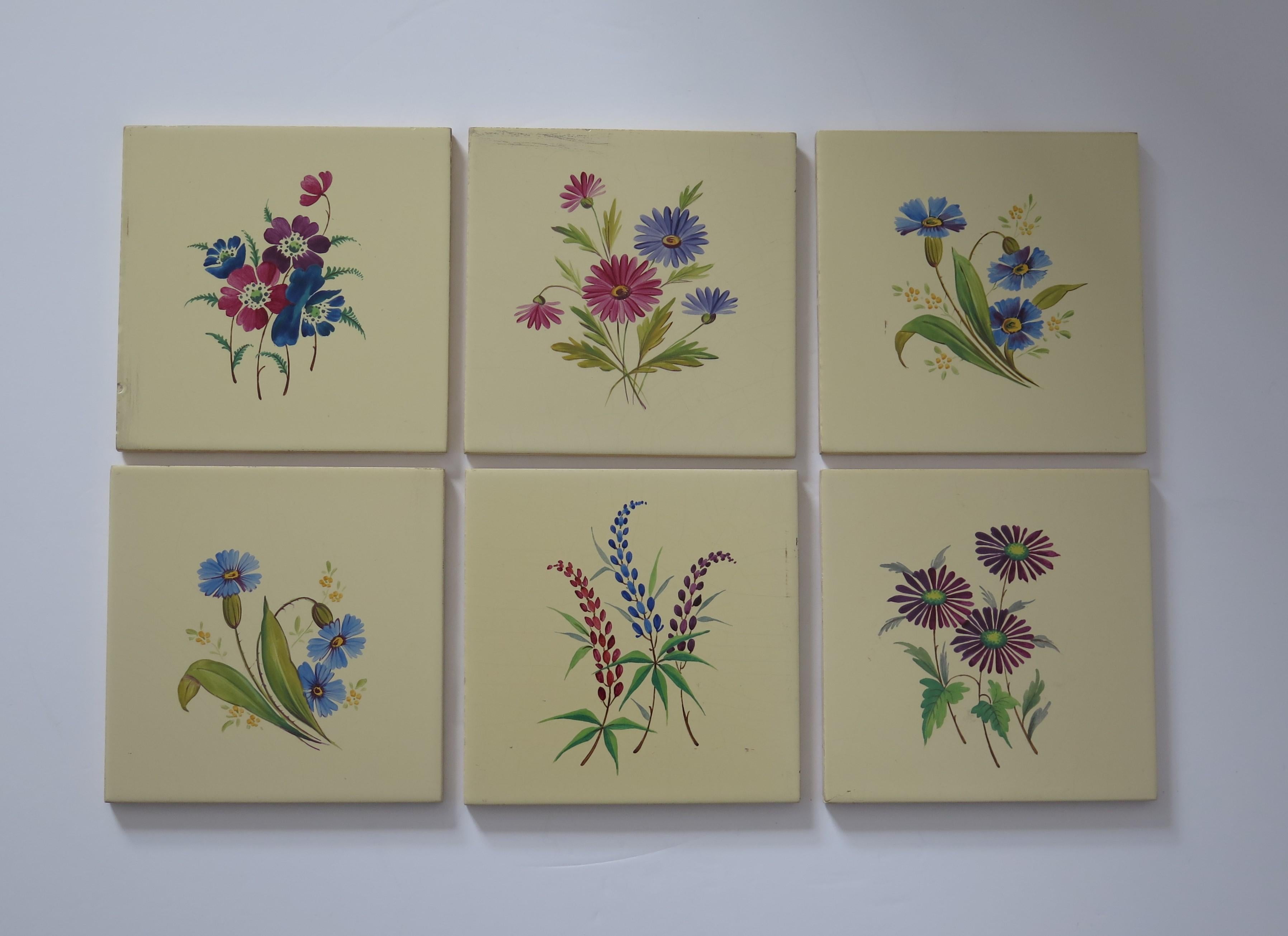 Country Set of SIX Ceramic Wall Tiles 6 inches Square hand painted flowers,  circa 1920 For Sale