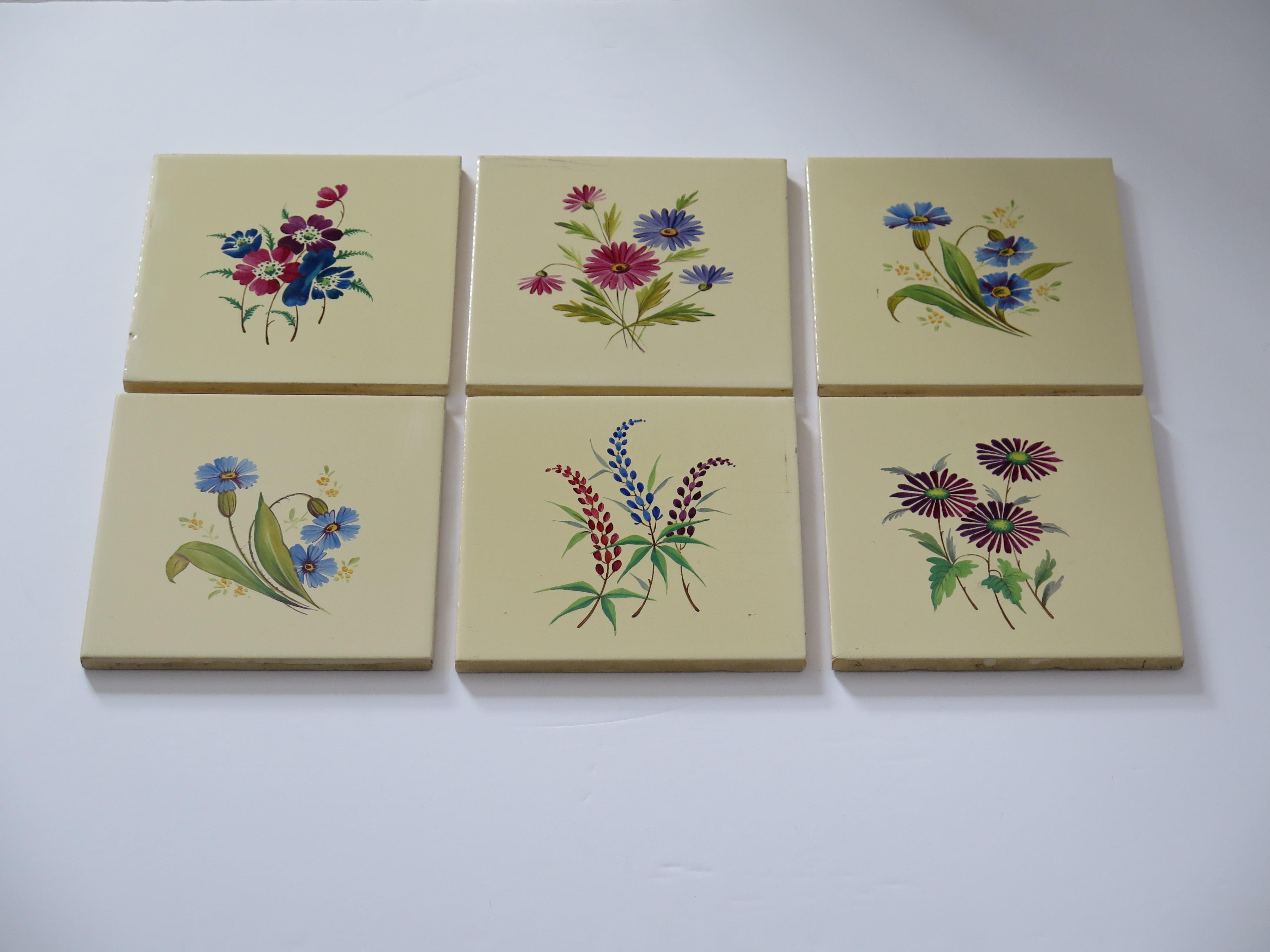 British Set of SIX Ceramic Wall Tiles 6 inches Square hand painted flowers,  circa 1920 For Sale