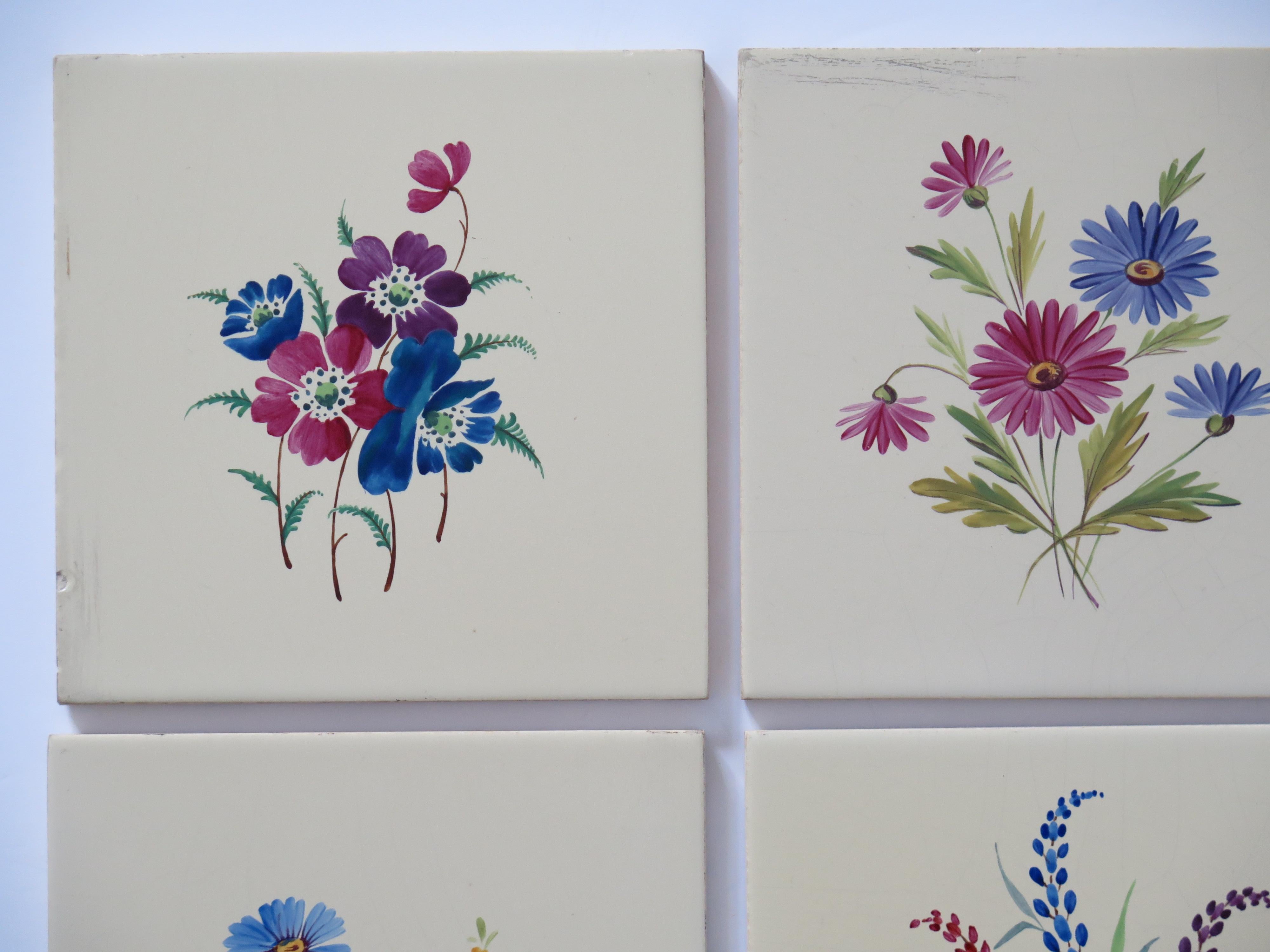 Glazed Set of SIX Ceramic Wall Tiles 6 inches Square hand painted flowers,  circa 1920 For Sale