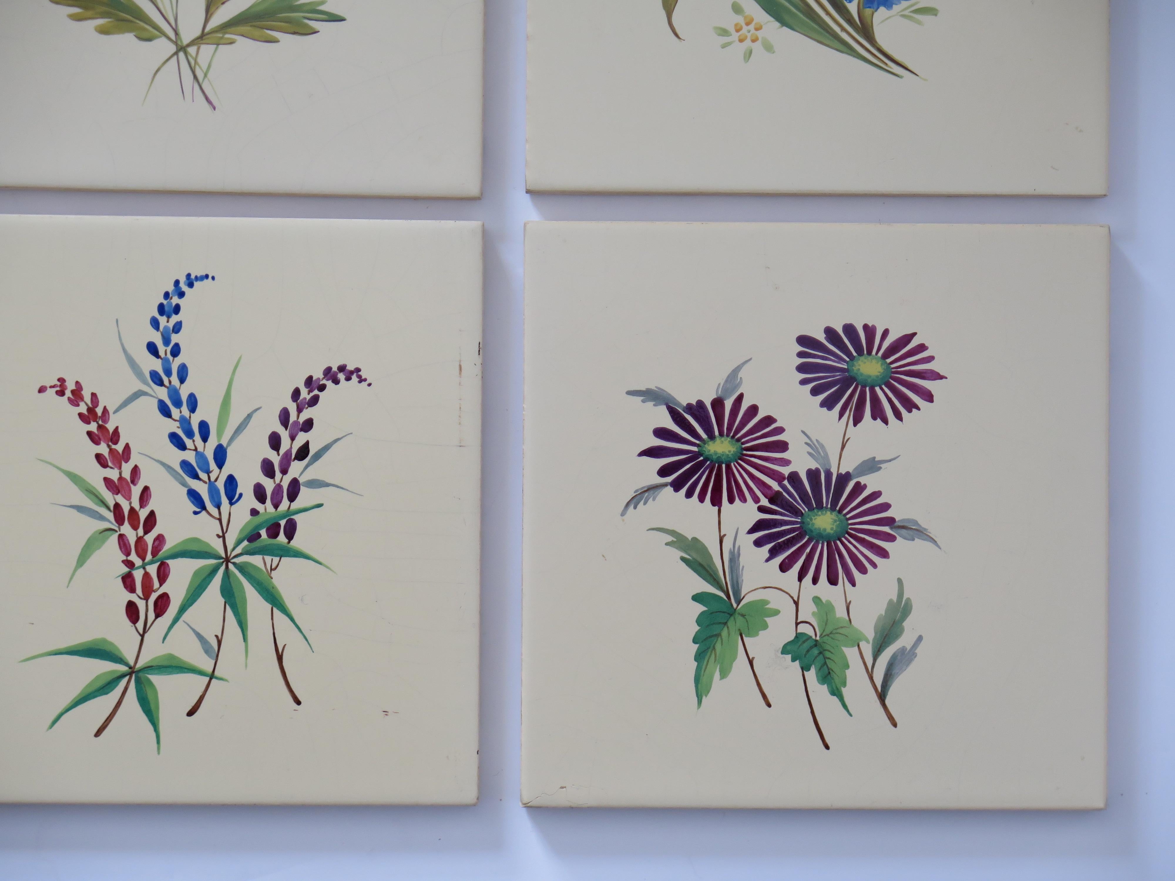 Set of SIX Ceramic Wall Tiles 6 inches Square hand painted flowers,  circa 1920 For Sale 1