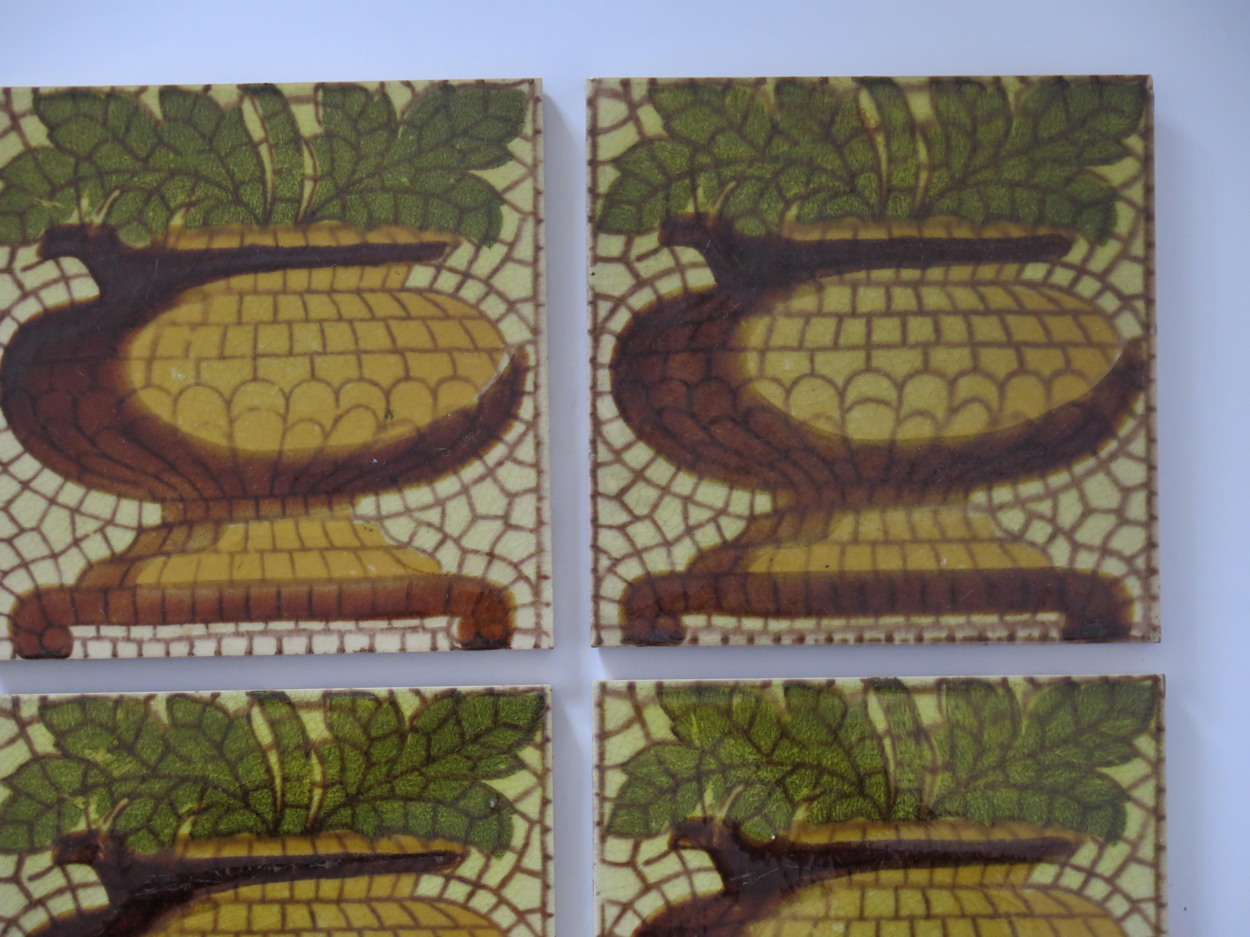 Glazed Set of SIX Ceramic Wall Tiles pineapple vase pat'n 6 inches Square,  circa 1960 For Sale