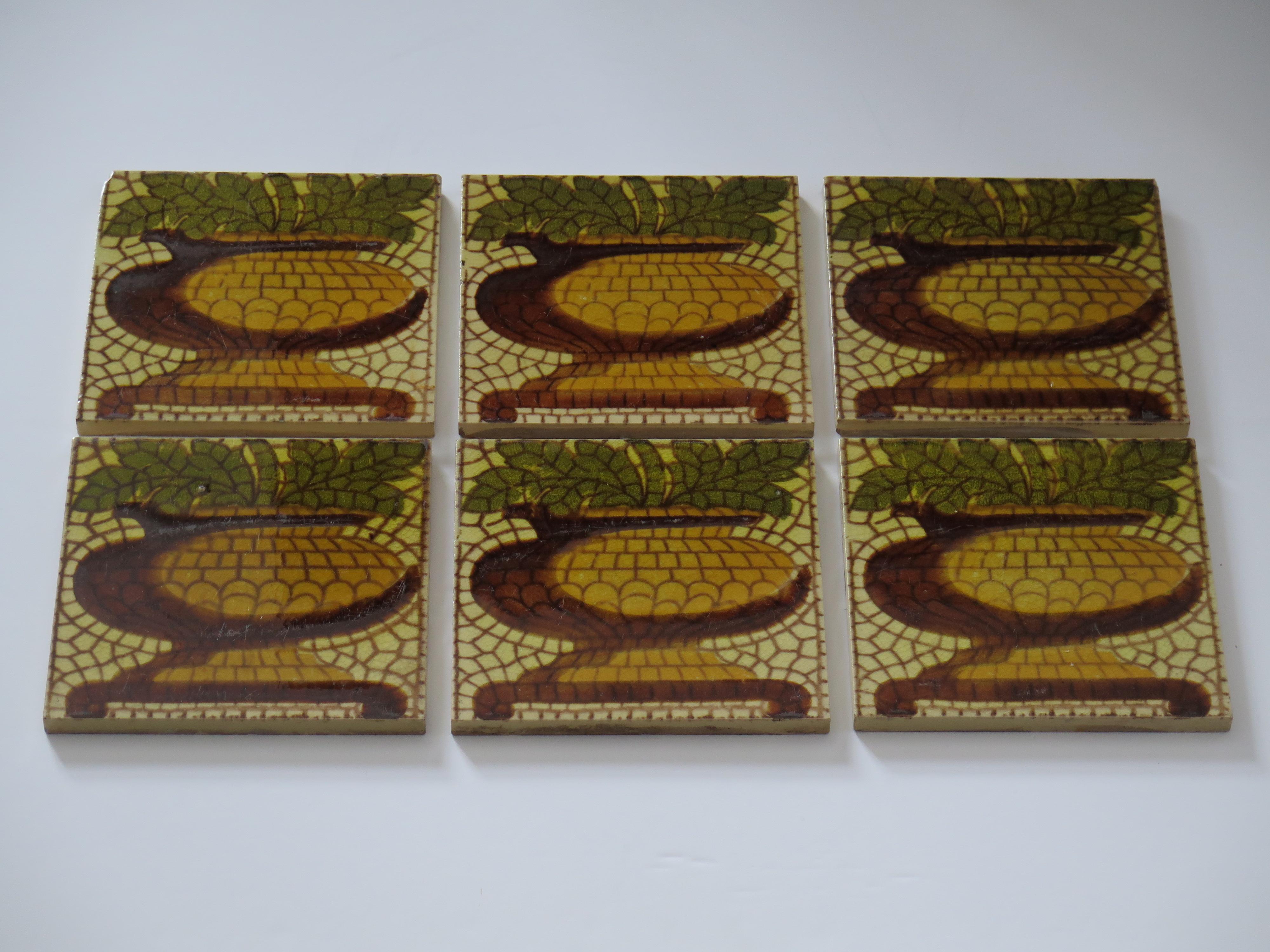 Set of SIX Ceramic Wall Tiles pineapple vase pat'n 6 inches Square,  circa 1960 For Sale 1