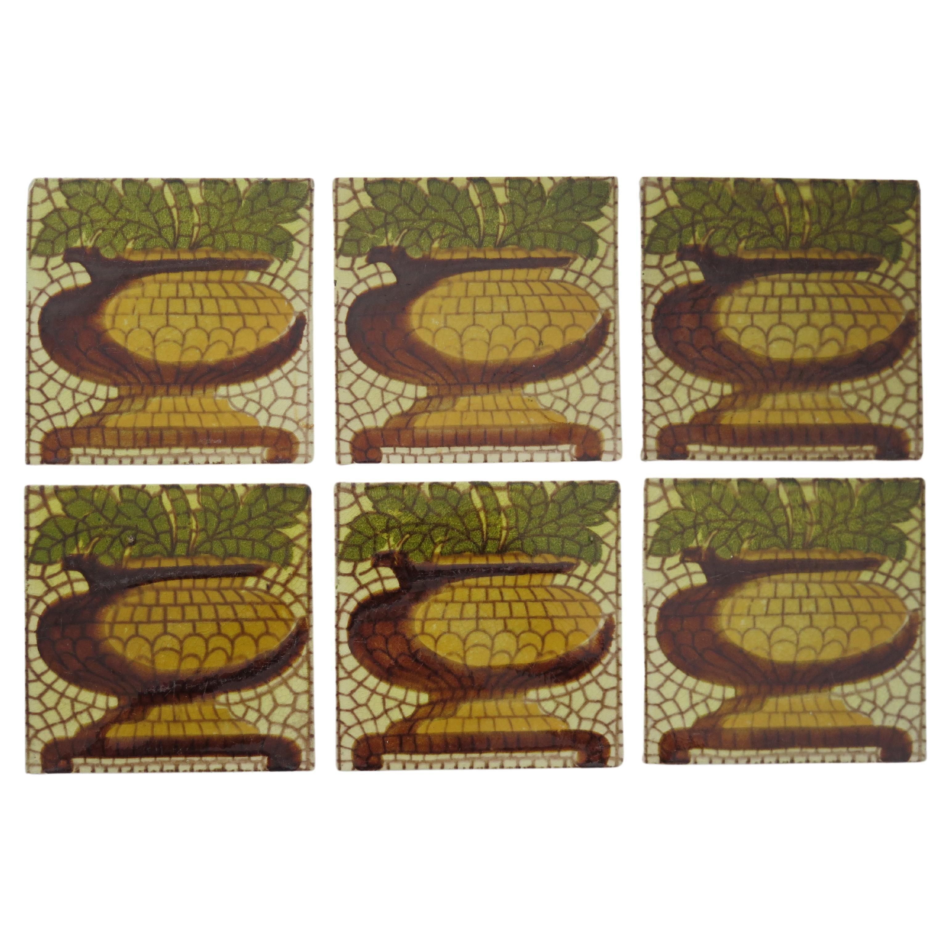 Set of SIX Ceramic Wall Tiles pineapple vase pat'n 6 inches Square,  circa 1960 For Sale