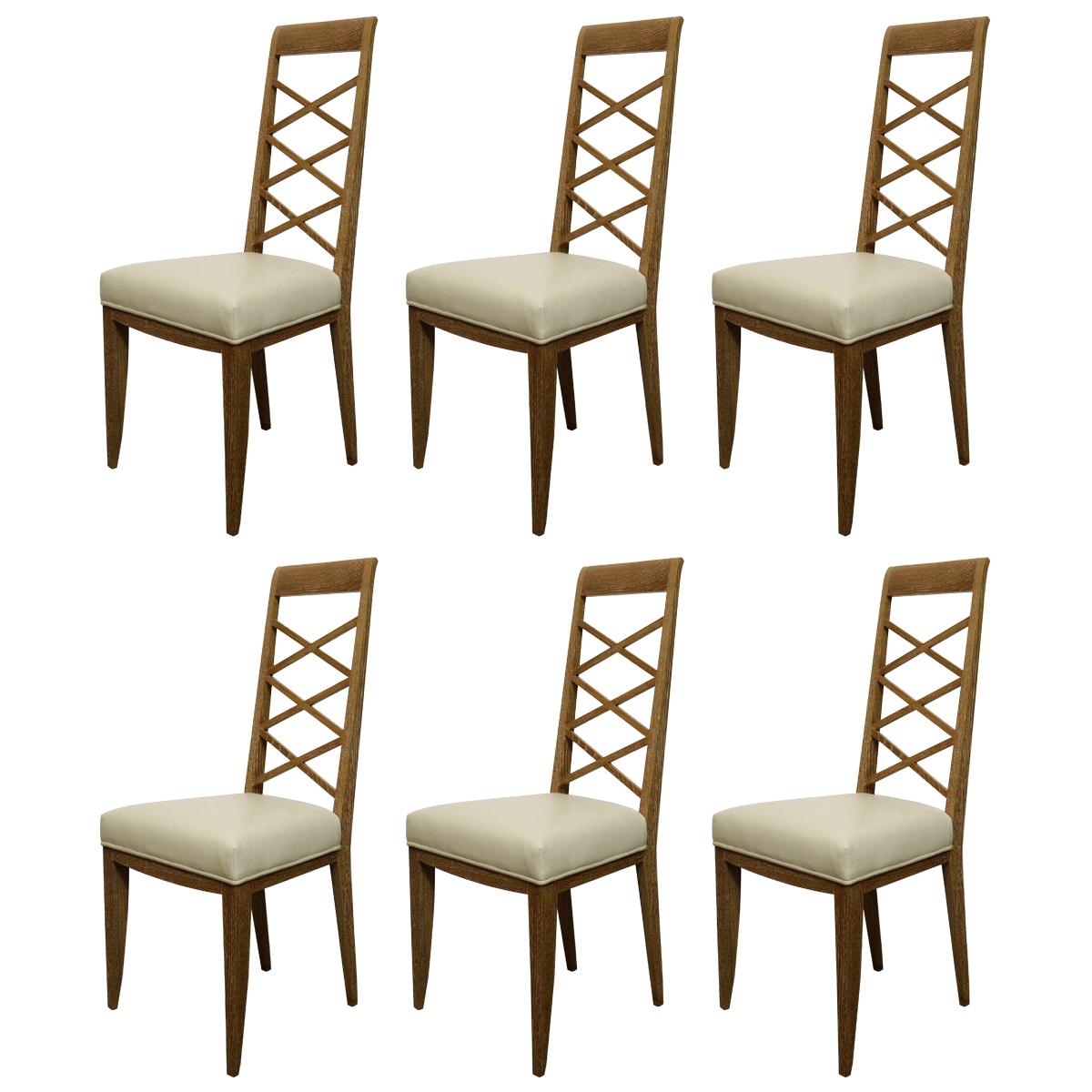 Set of Six Cerused Oak Chairs in the Manner of Jacques Adnet