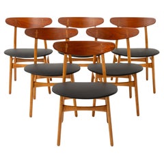 Set of Six CH-30 Dining Chairs by Hans Wegner in teak and black leather