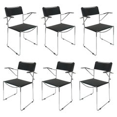 Set of Six Chair with Armrests in Steel and Leather Stackable Italian by Belotti