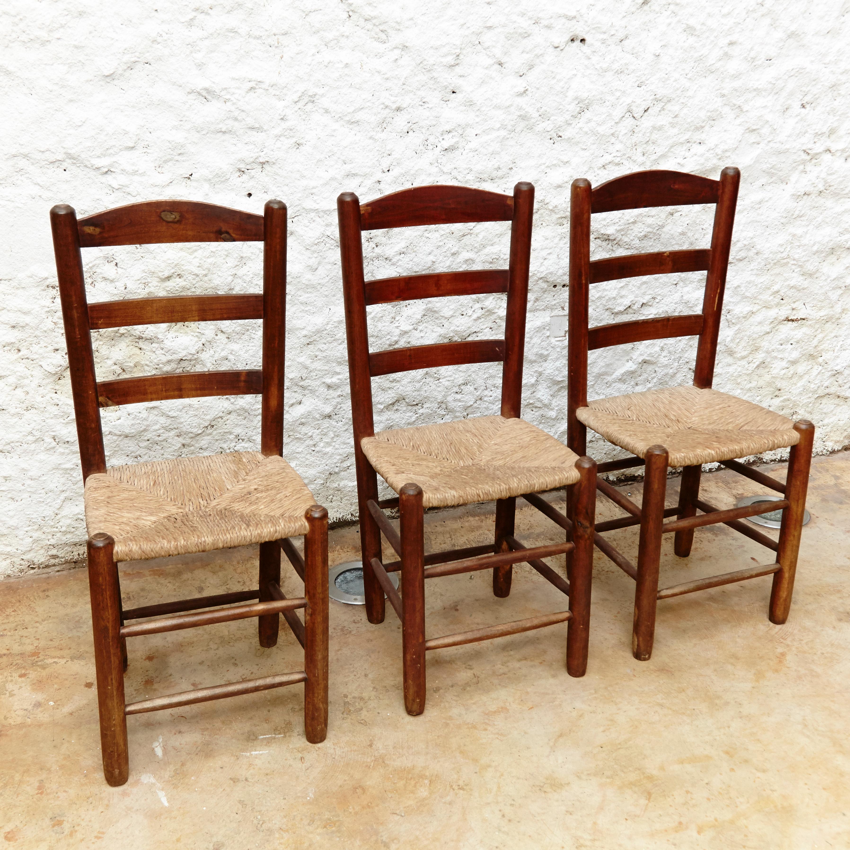 Set of Six Chairs in the style of Charlotte Perriand, Wood & Rattan, circa 1950 10