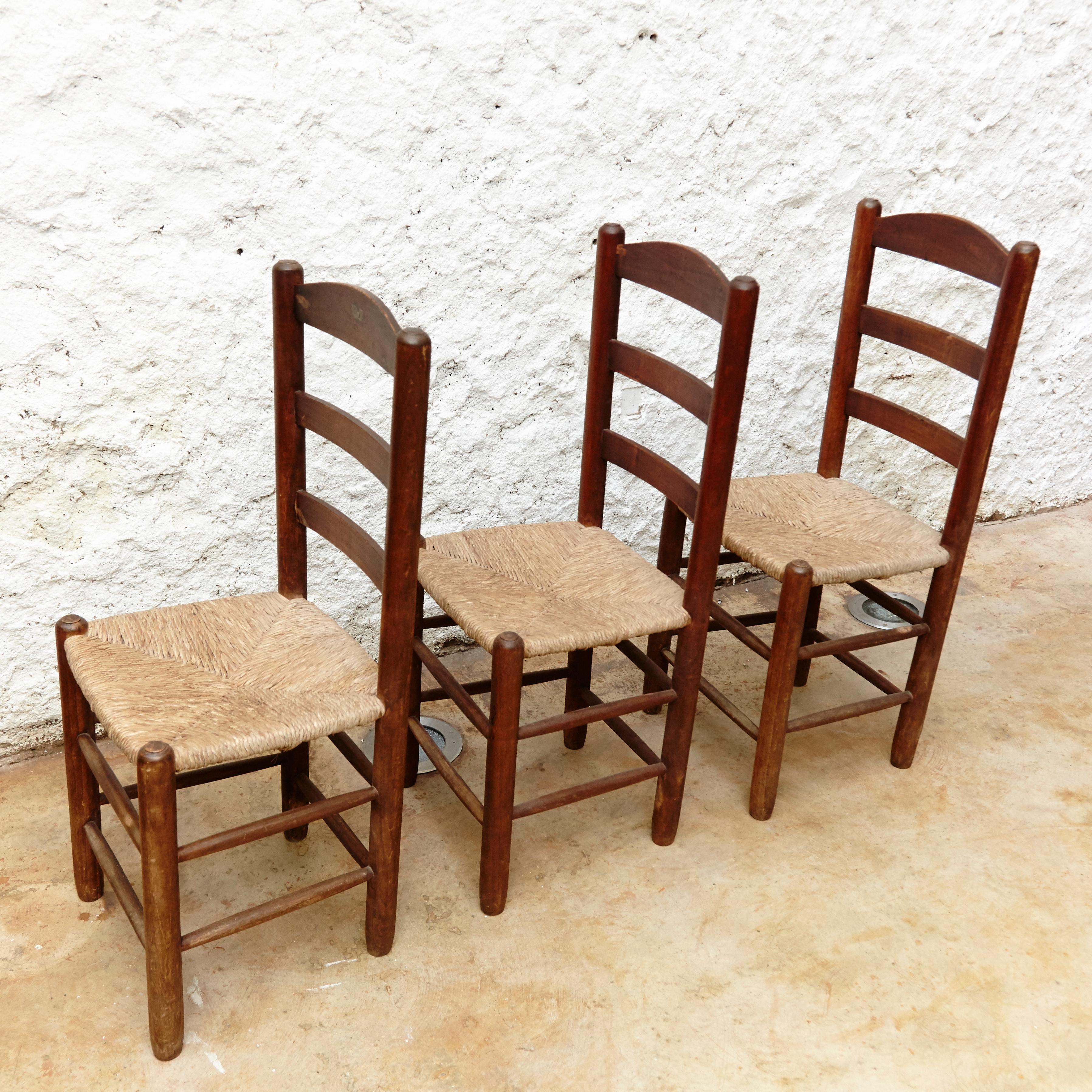 Set of Six Chairs in the style of Charlotte Perriand, Wood & Rattan, circa 1950 11